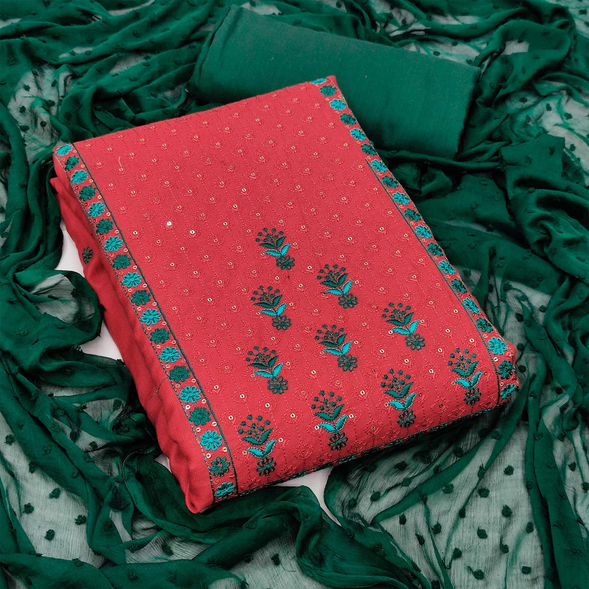 Red Embroidered With Embellished Pure Cotton Dress Material - Peachmode