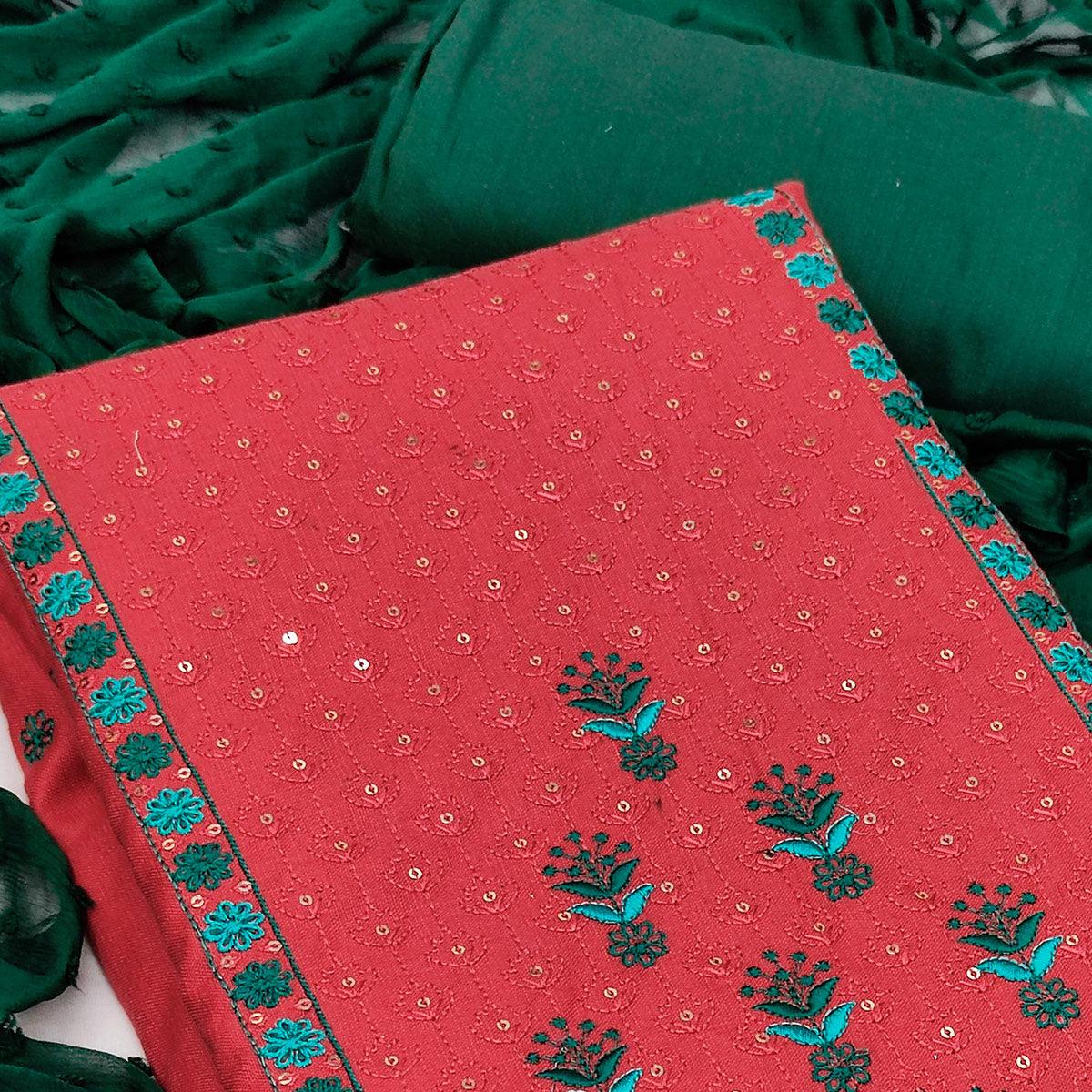 Red Embroidered With Embellished Pure Cotton Dress Material - Peachmode