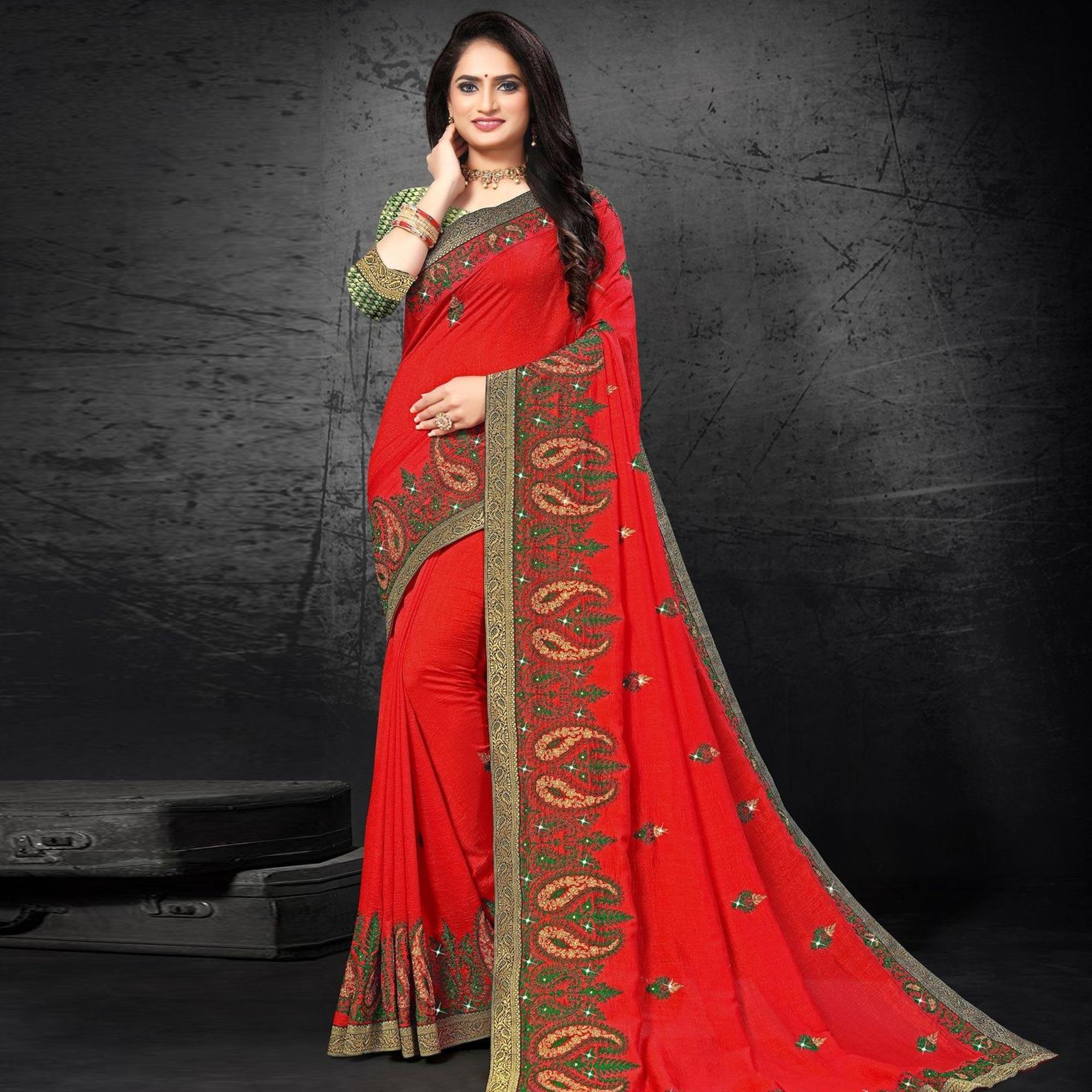 Red Embroidered With Embellished Vichitra Silk Saree - Peachmode