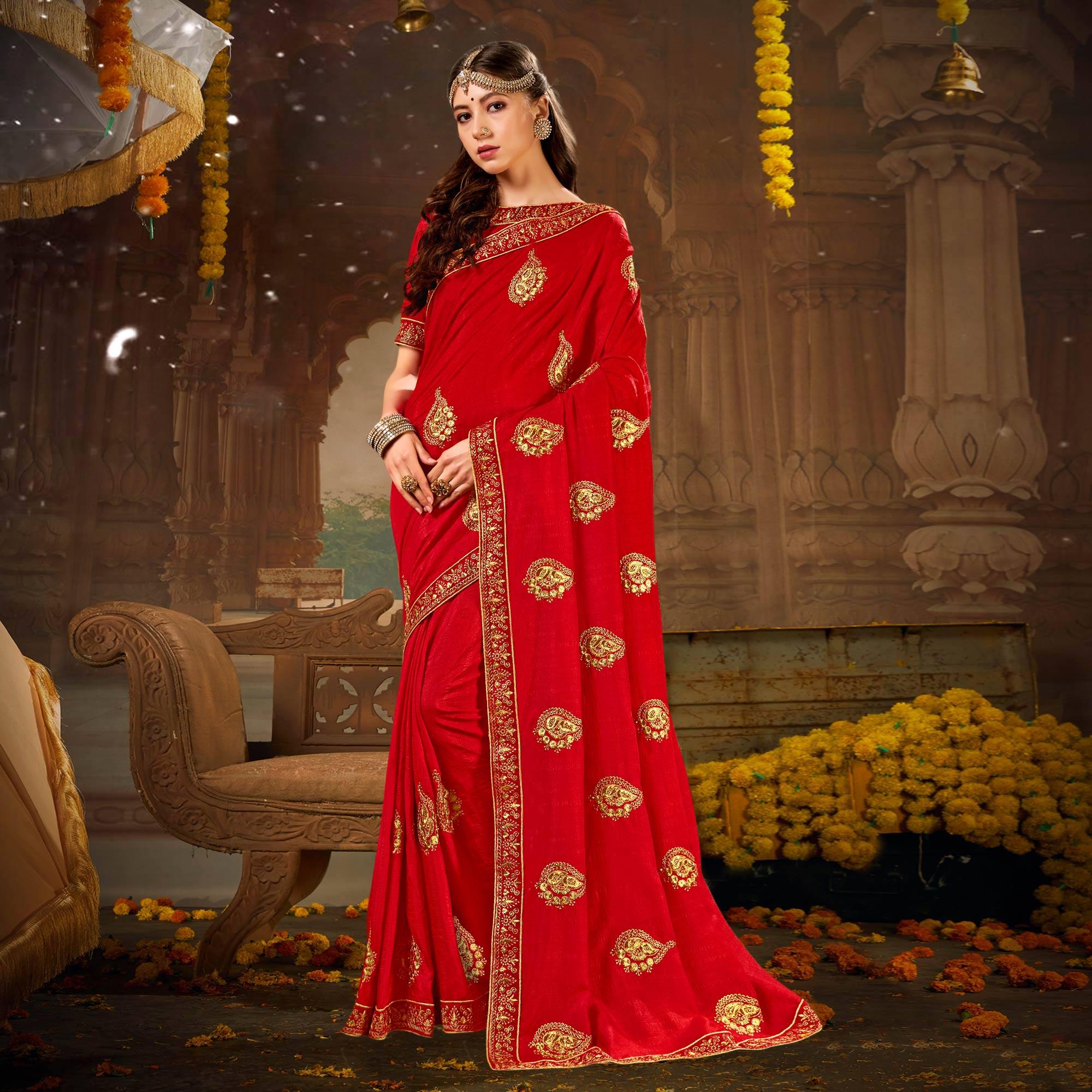Red Embroidered With Embellished Vichitra Silk Saree - Peachmode
