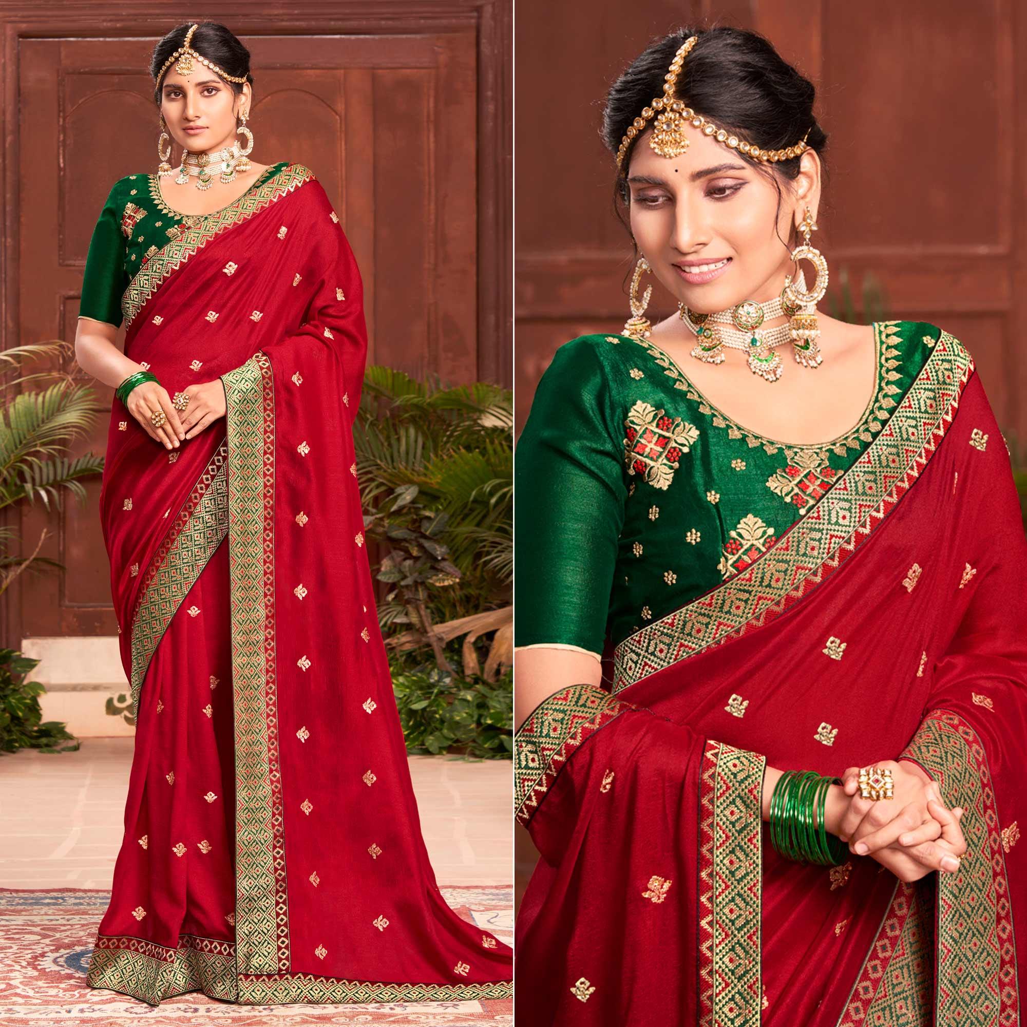 Red Embroidered With Embellished Vichitra Silk Saree - Peachmode