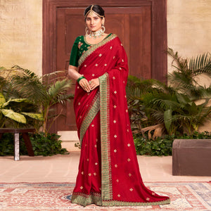 Red Embroidered With Embellished Vichitra Silk Saree - Peachmode