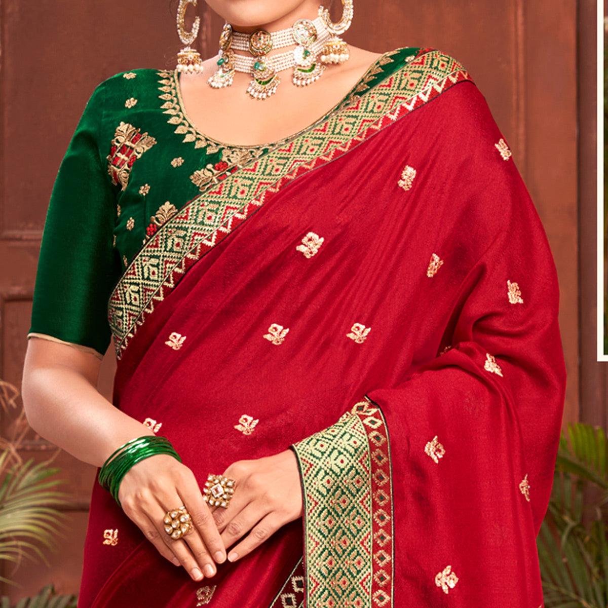Red Embroidered With Embellished Vichitra Silk Saree - Peachmode