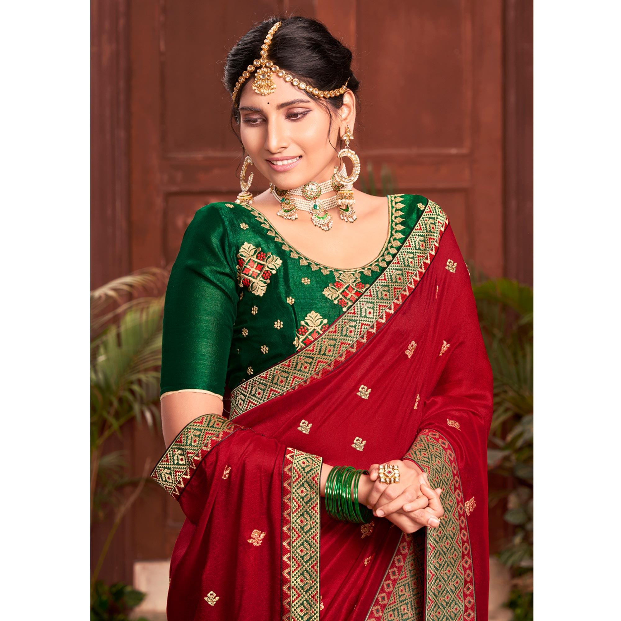 Red Embroidered With Embellished Vichitra Silk Saree - Peachmode