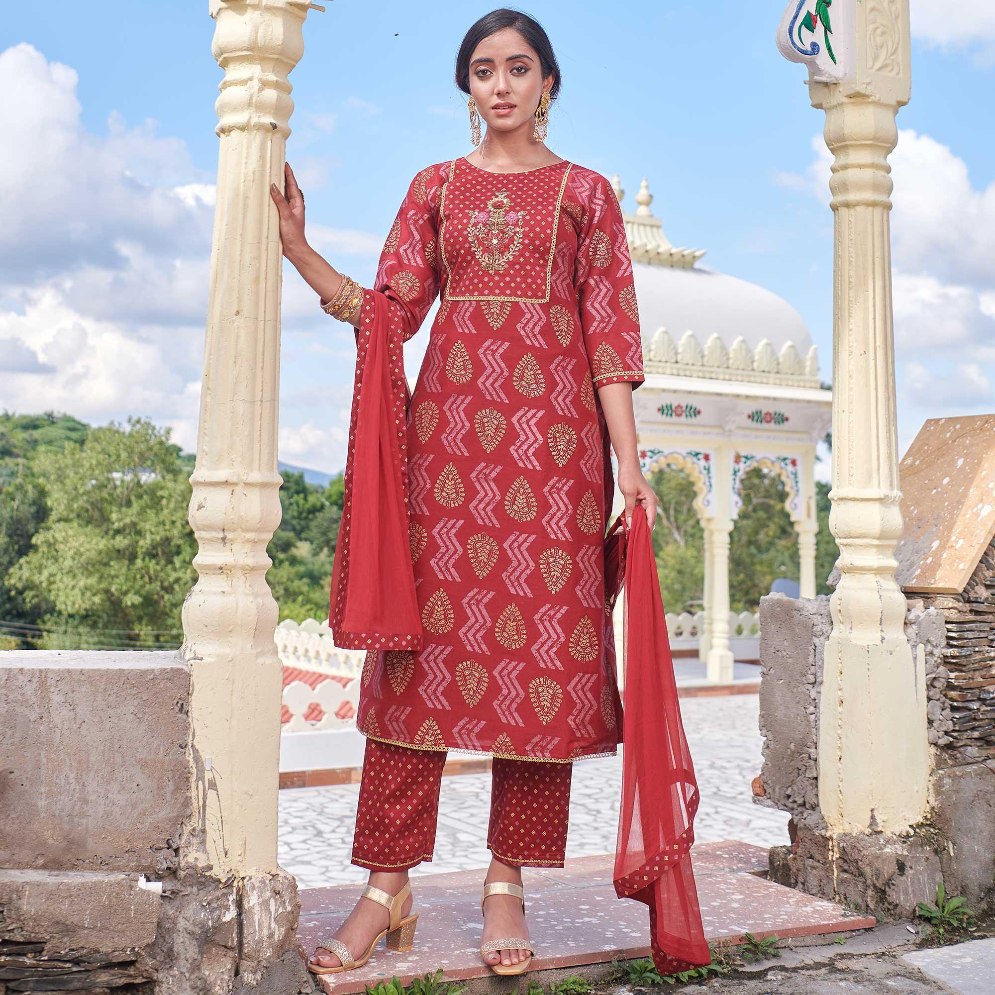 Red Embroidered With Print Rayon Silk Partywear Suit - Peachmode