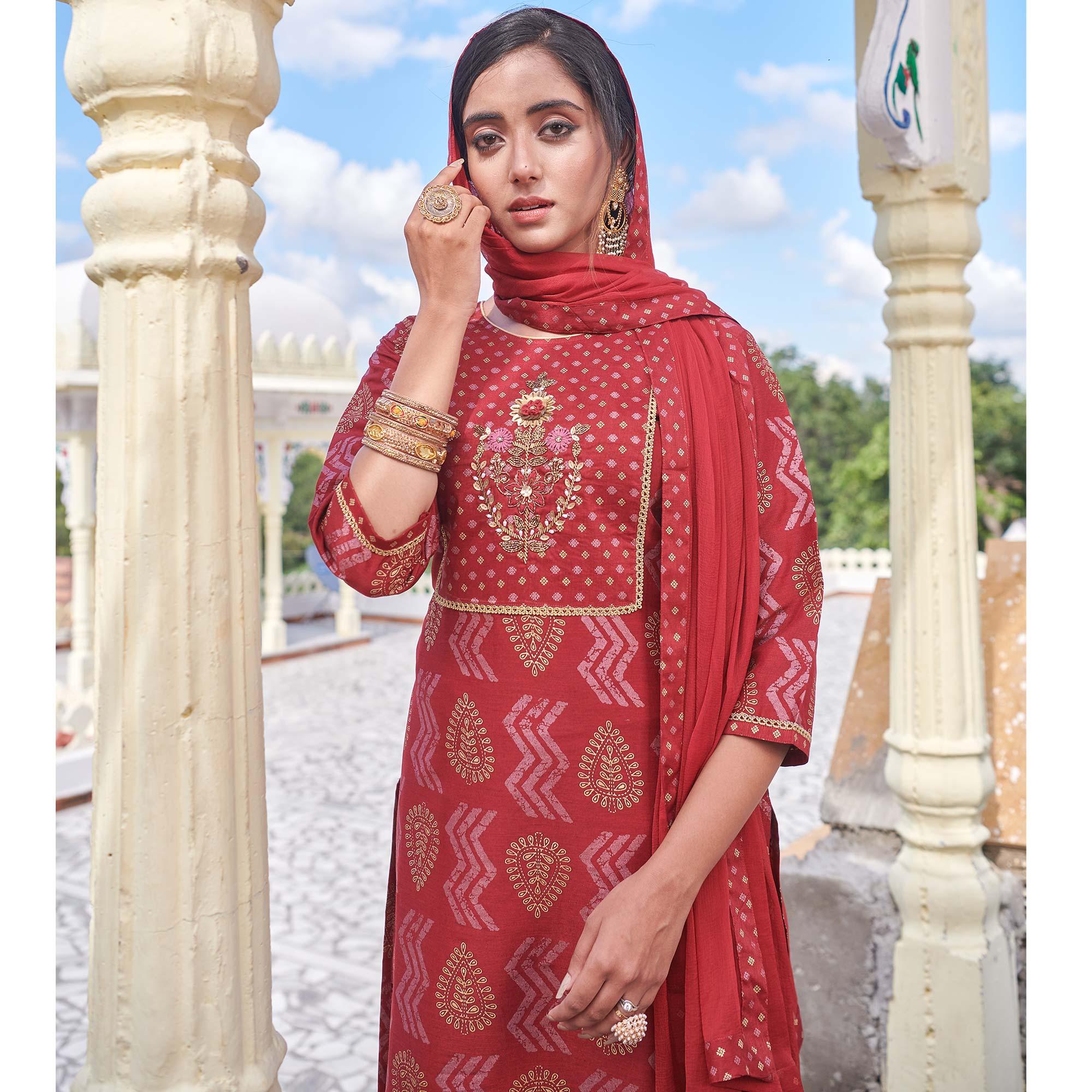 Red Embroidered With Print Rayon Silk Partywear Suit - Peachmode