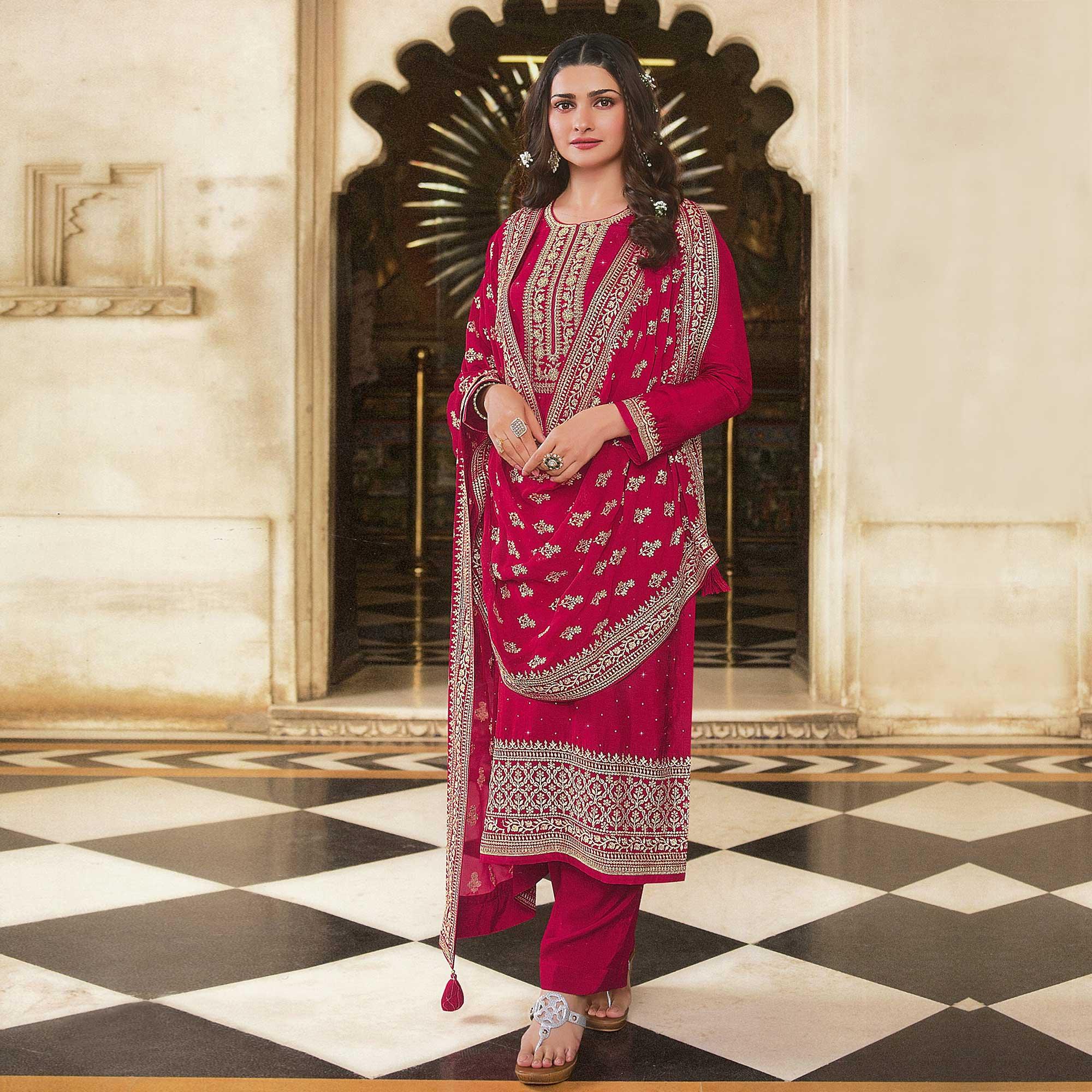 Red Embroidered With Swarovski Work Dola Silk Salwar Suit - Peachmode