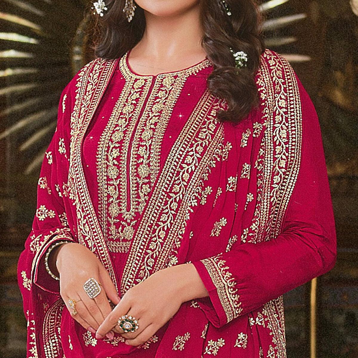 Red Embroidered With Swarovski Work Dola Silk Salwar Suit - Peachmode