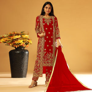 Red Embroidery & Cording Work Net Partywear Suit With Koti - Peachmode
