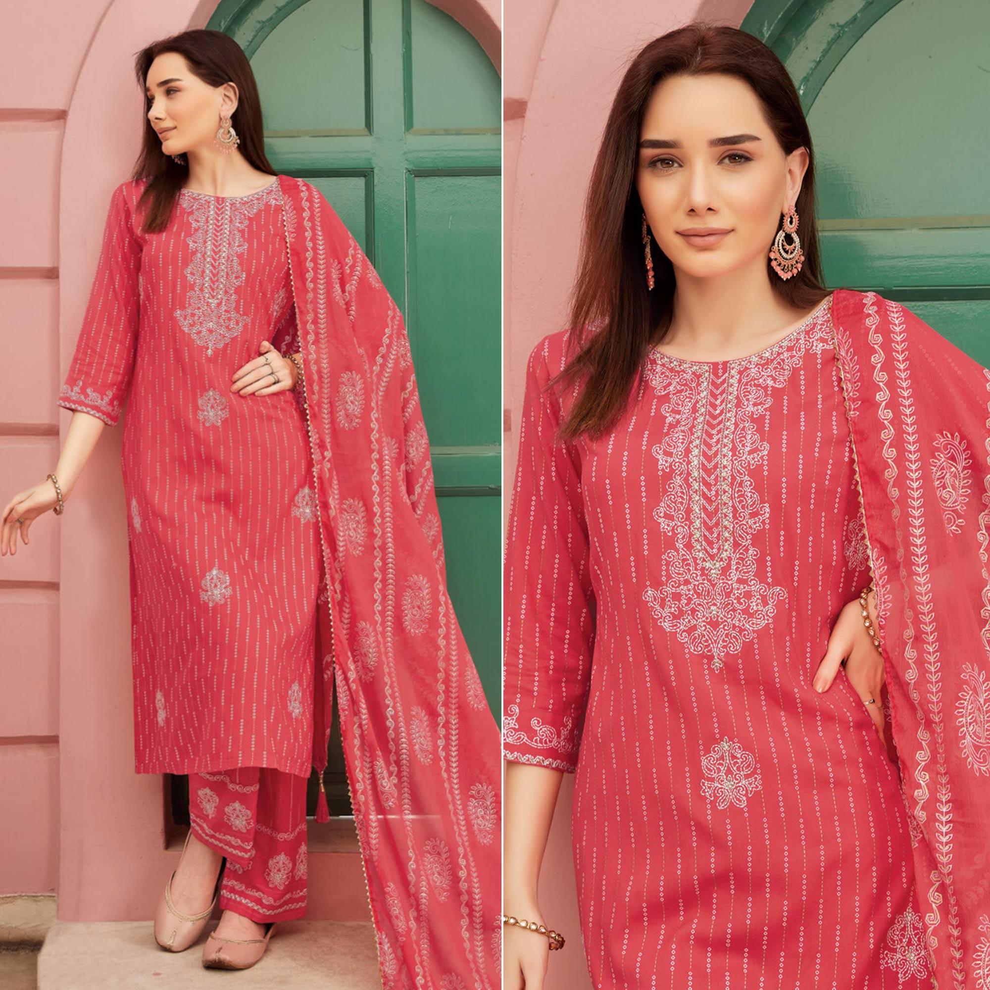 Red Embroidery With Printed Pure Cotton Kurti Pant Set With Dupatta - Peachmode