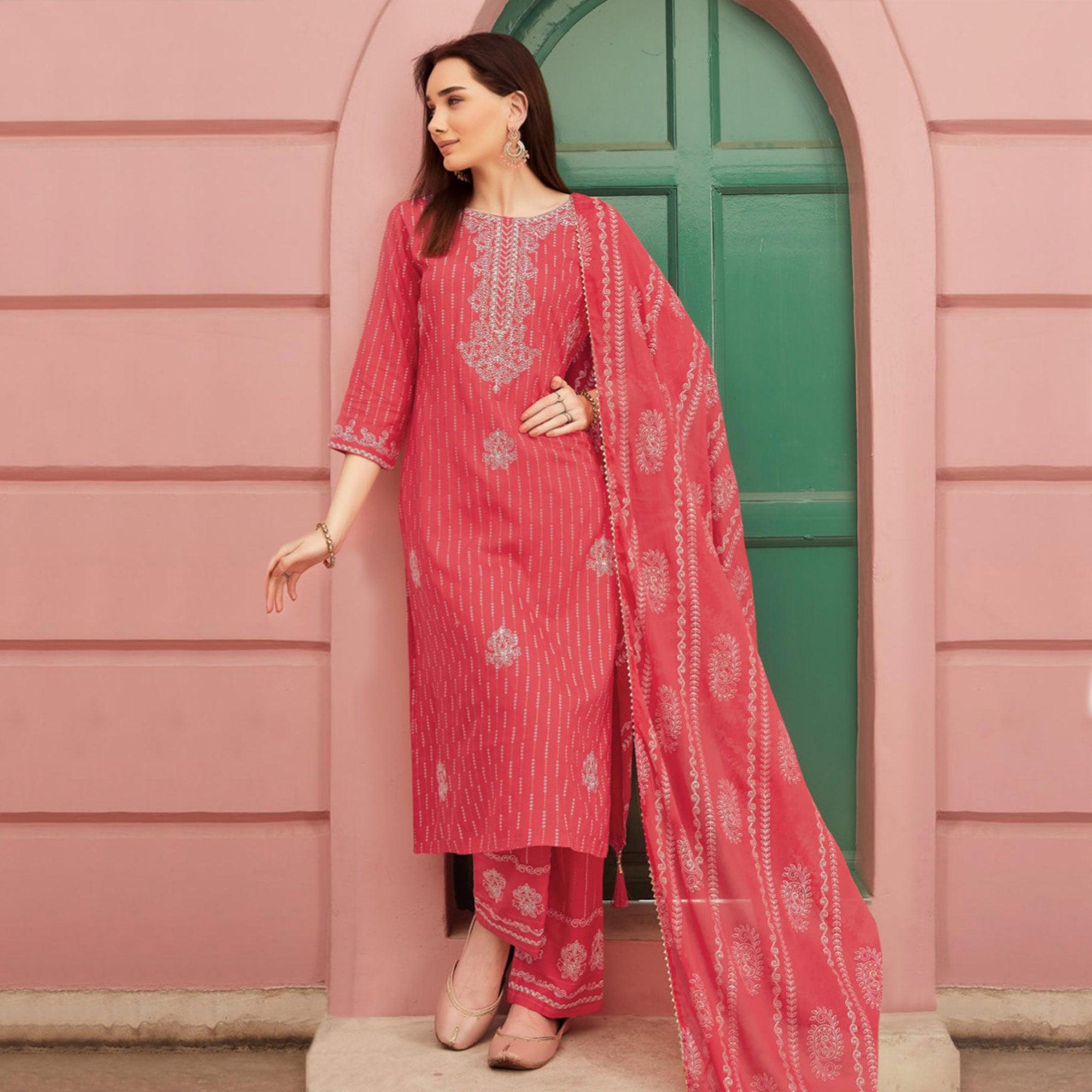 Red Embroidery With Printed Pure Cotton Kurti Pant Set With Dupatta - Peachmode