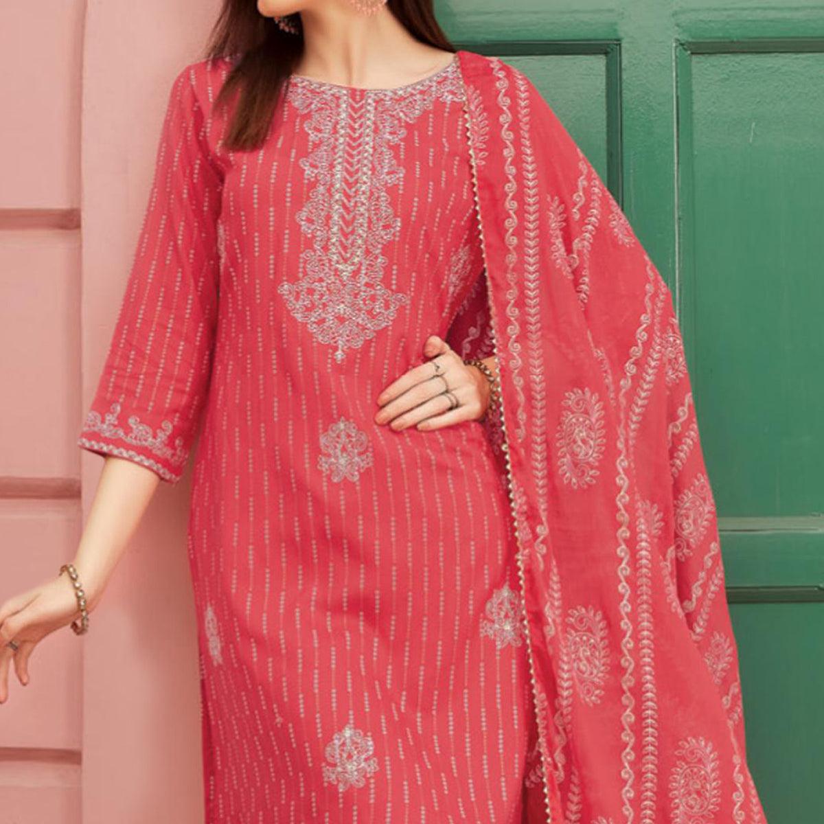 Red Embroidery With Printed Pure Cotton Kurti Pant Set With Dupatta - Peachmode
