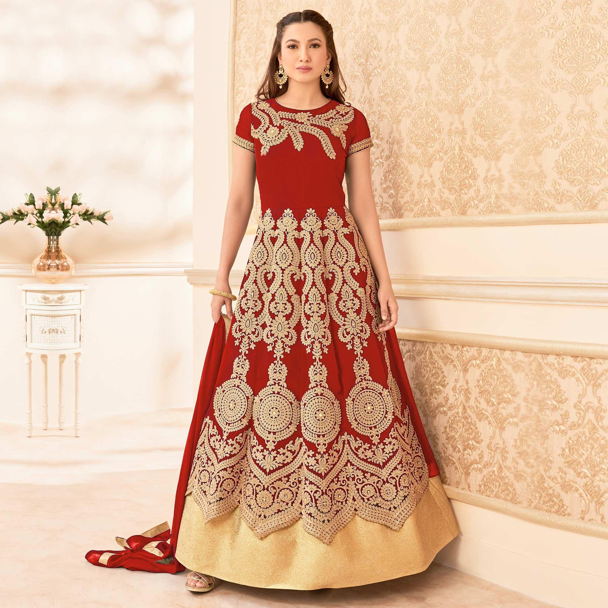 Red Faux Georgette Anarkali Suit - Peachmode