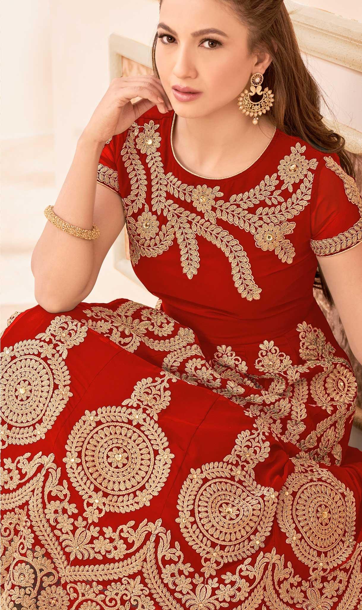 Red Faux Georgette Anarkali Suit - Peachmode