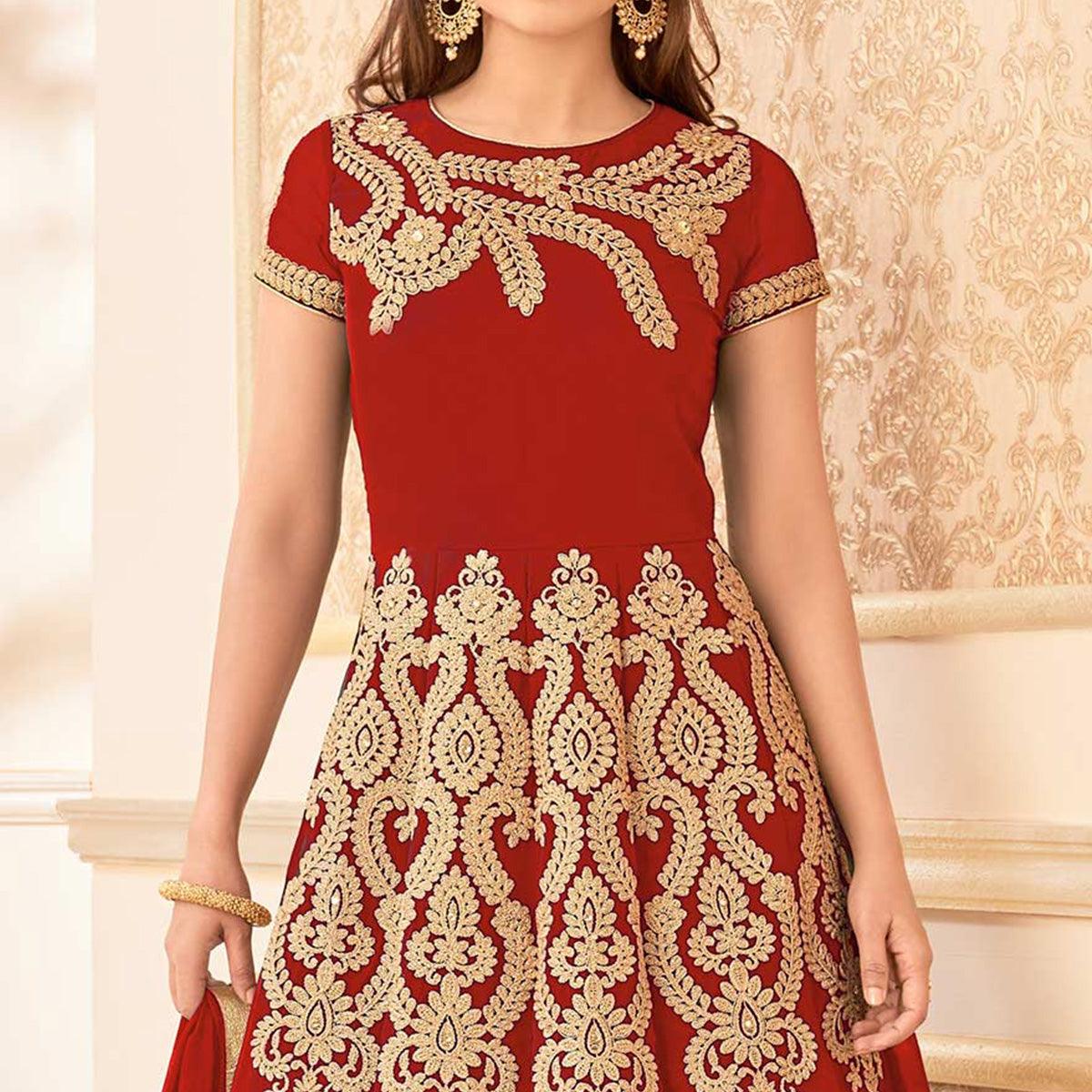 Red Faux Georgette Anarkali Suit - Peachmode