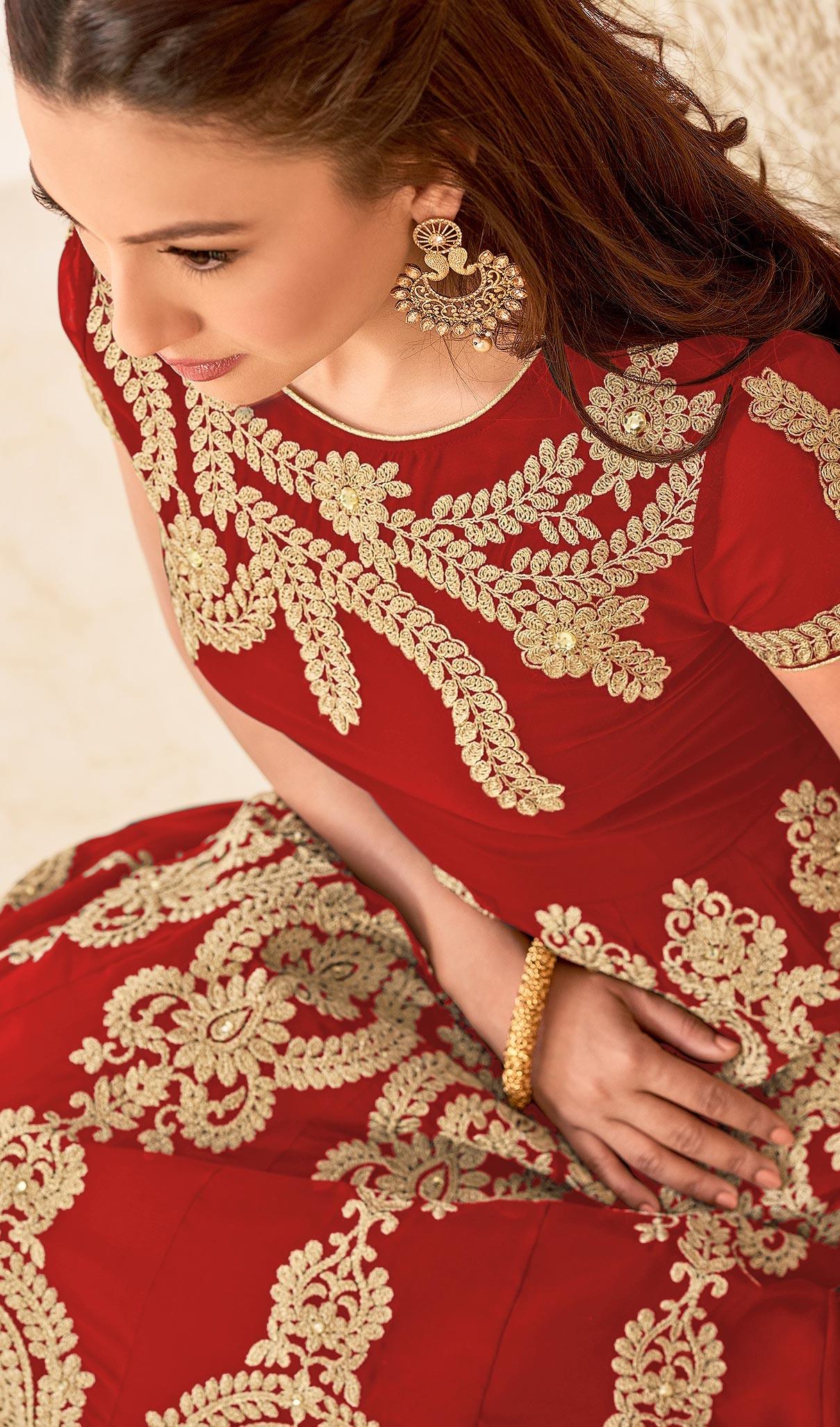 Red Faux Georgette Anarkali Suit - Peachmode