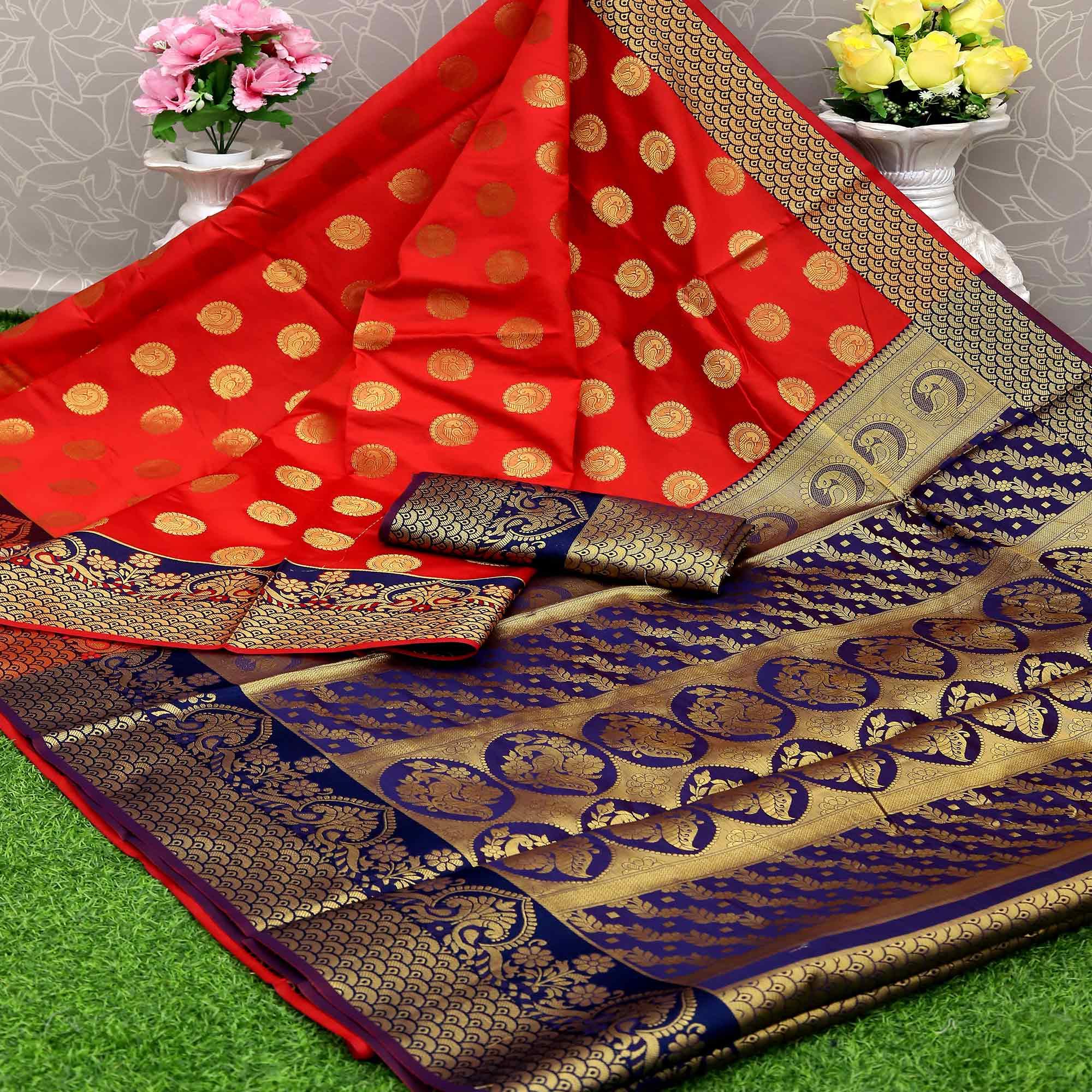 Red Festive Embroidered Kota Banarasi Art Silk Saree - Peachmode