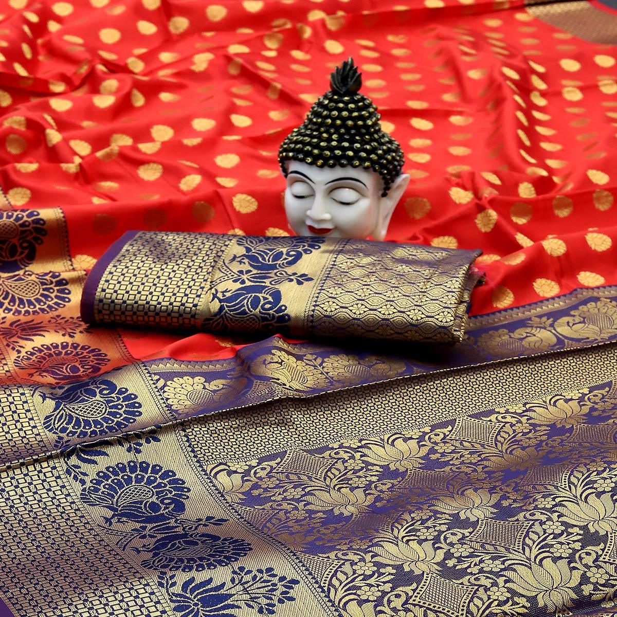 Red Festive Embroidered Kota Banarasi Art Silk Saree - Peachmode