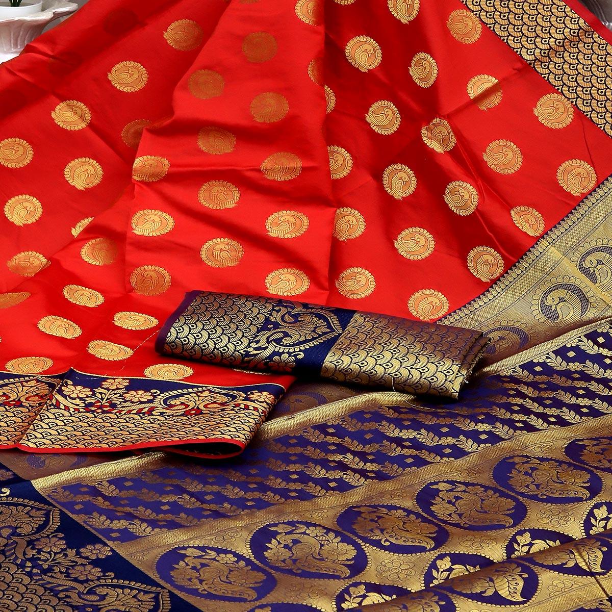 Red Festive Embroidered Kota Banarasi Art Silk Saree - Peachmode