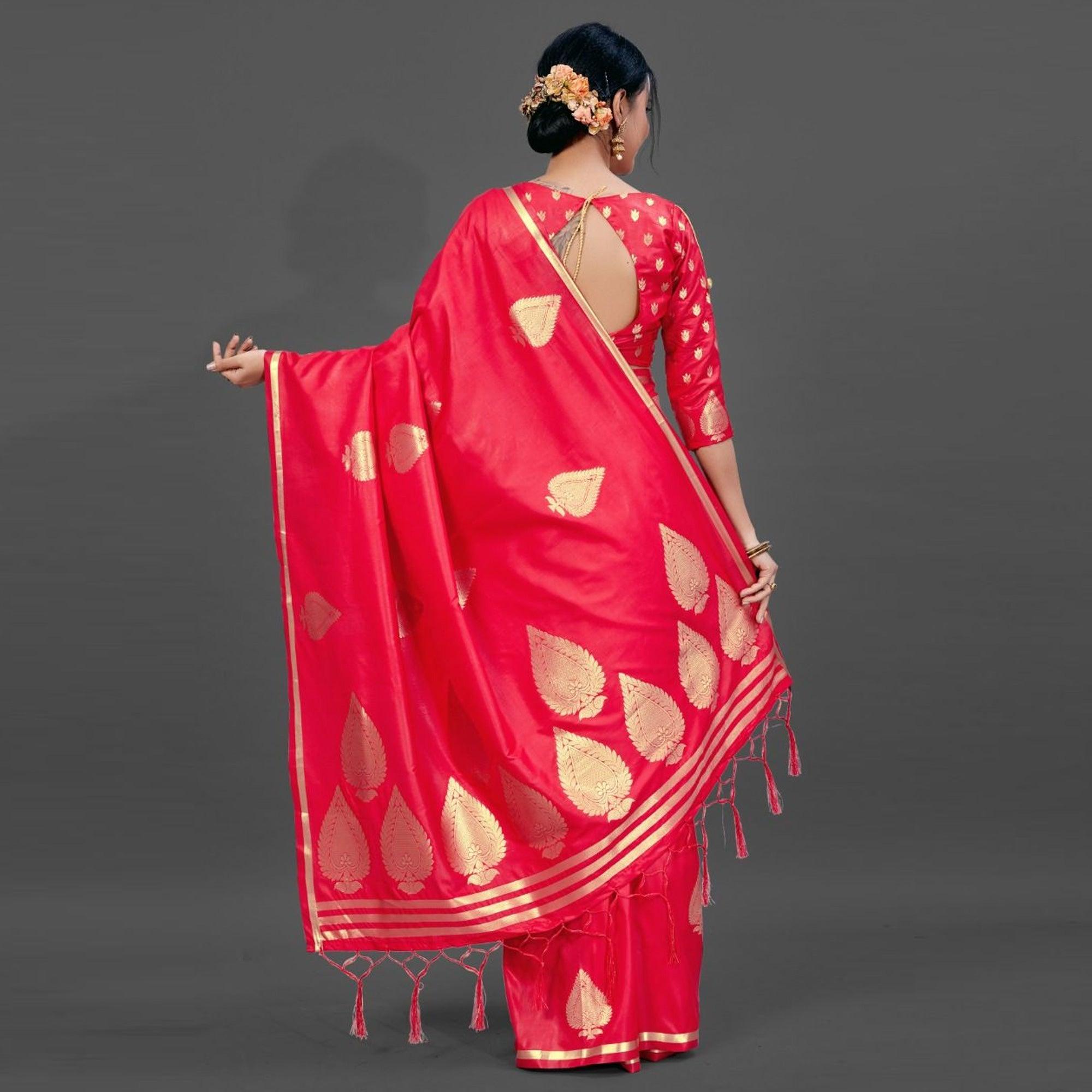 Red Festive Silk Blend Woven Saree With Unstitched Blouse - Peachmode