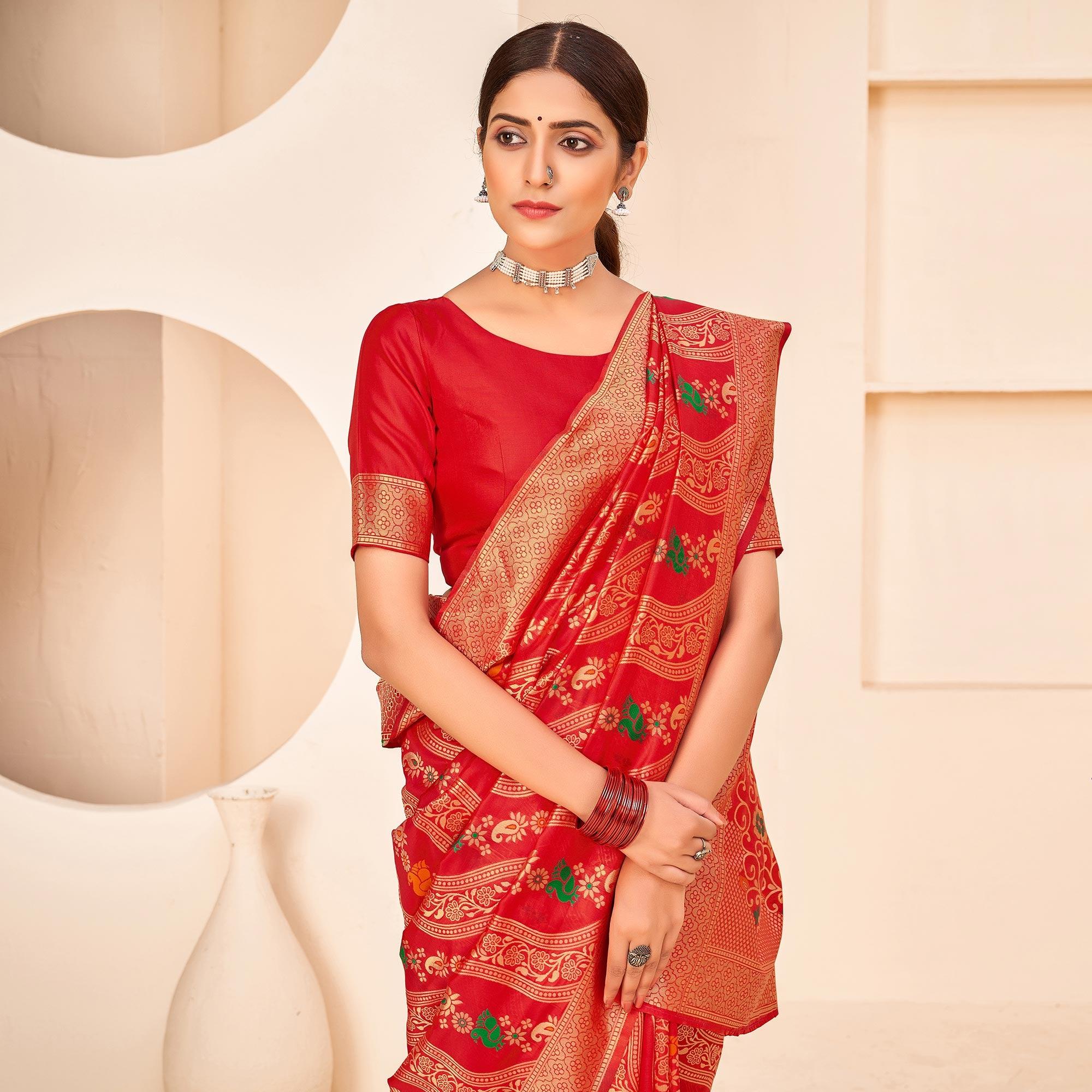 Red Festive Wear Banarasi with Patola Woven Banarasi Silk saree - Peachmode