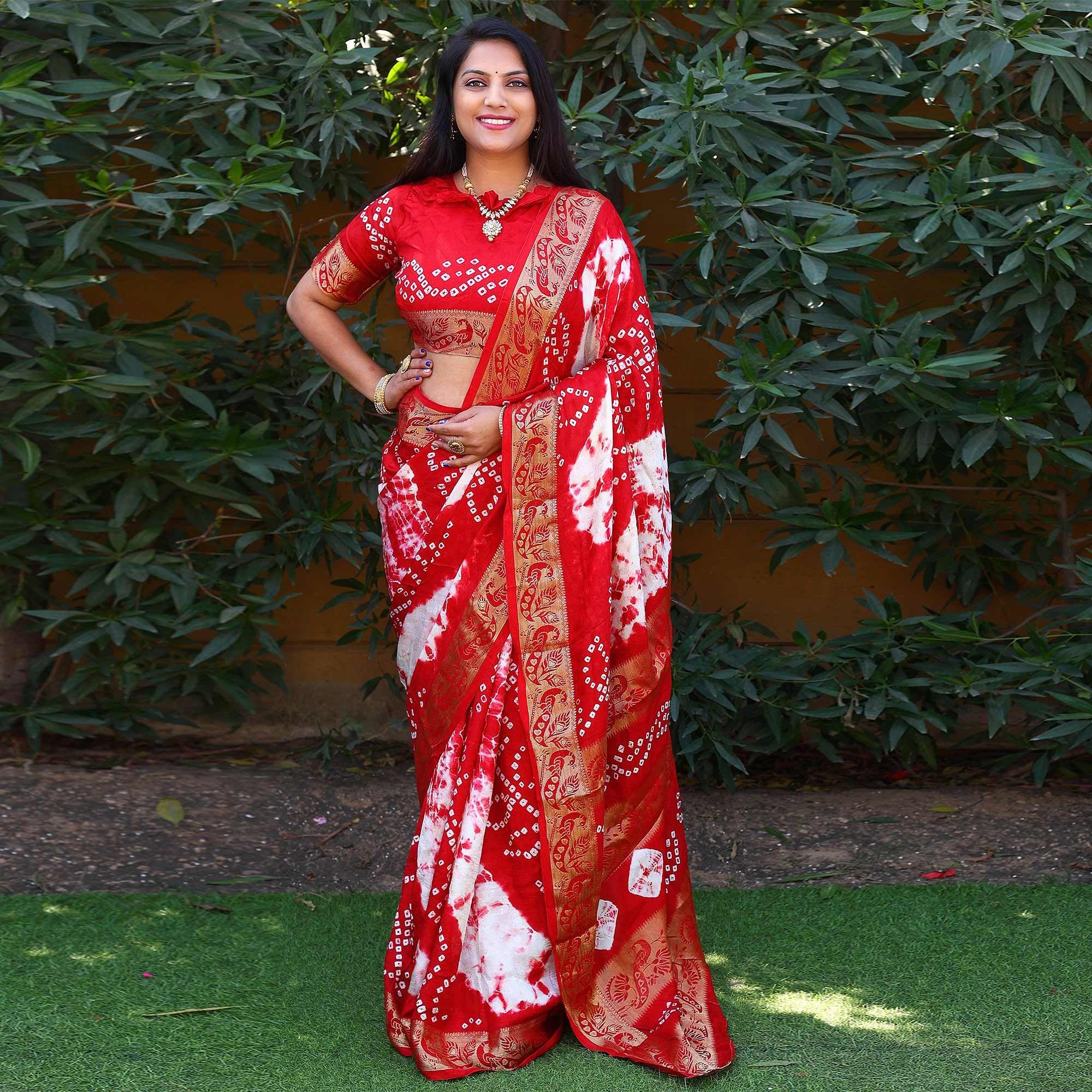 Red Festive Wear Bandhani Printed Art Silk Saree - Peachmode