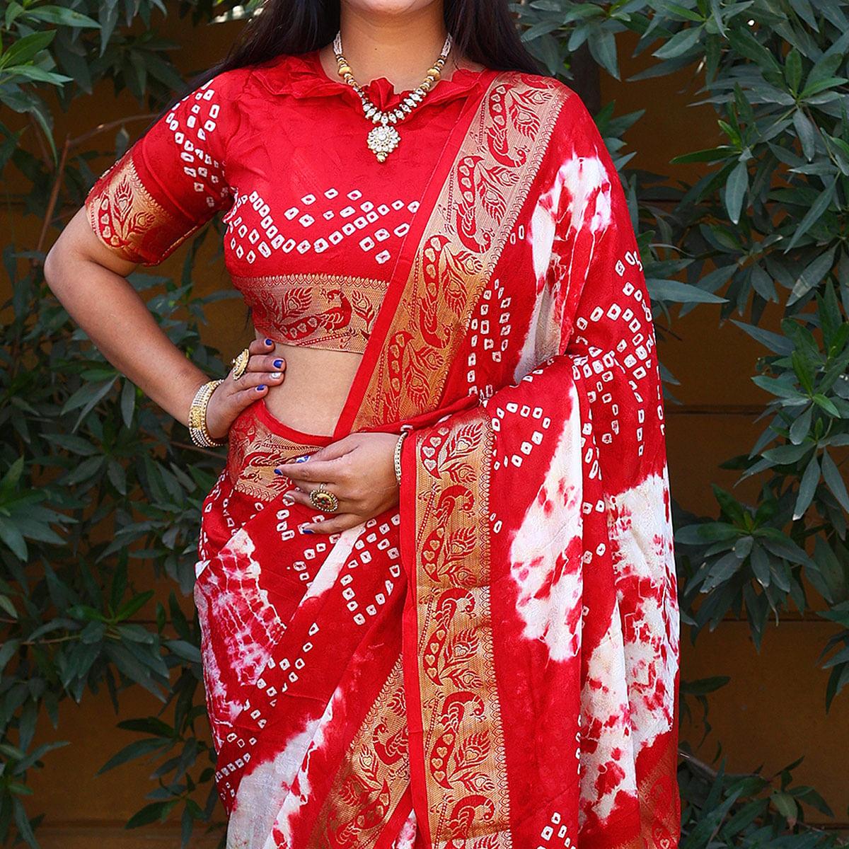 Red Festive Wear Bandhani Printed Art Silk Saree - Peachmode