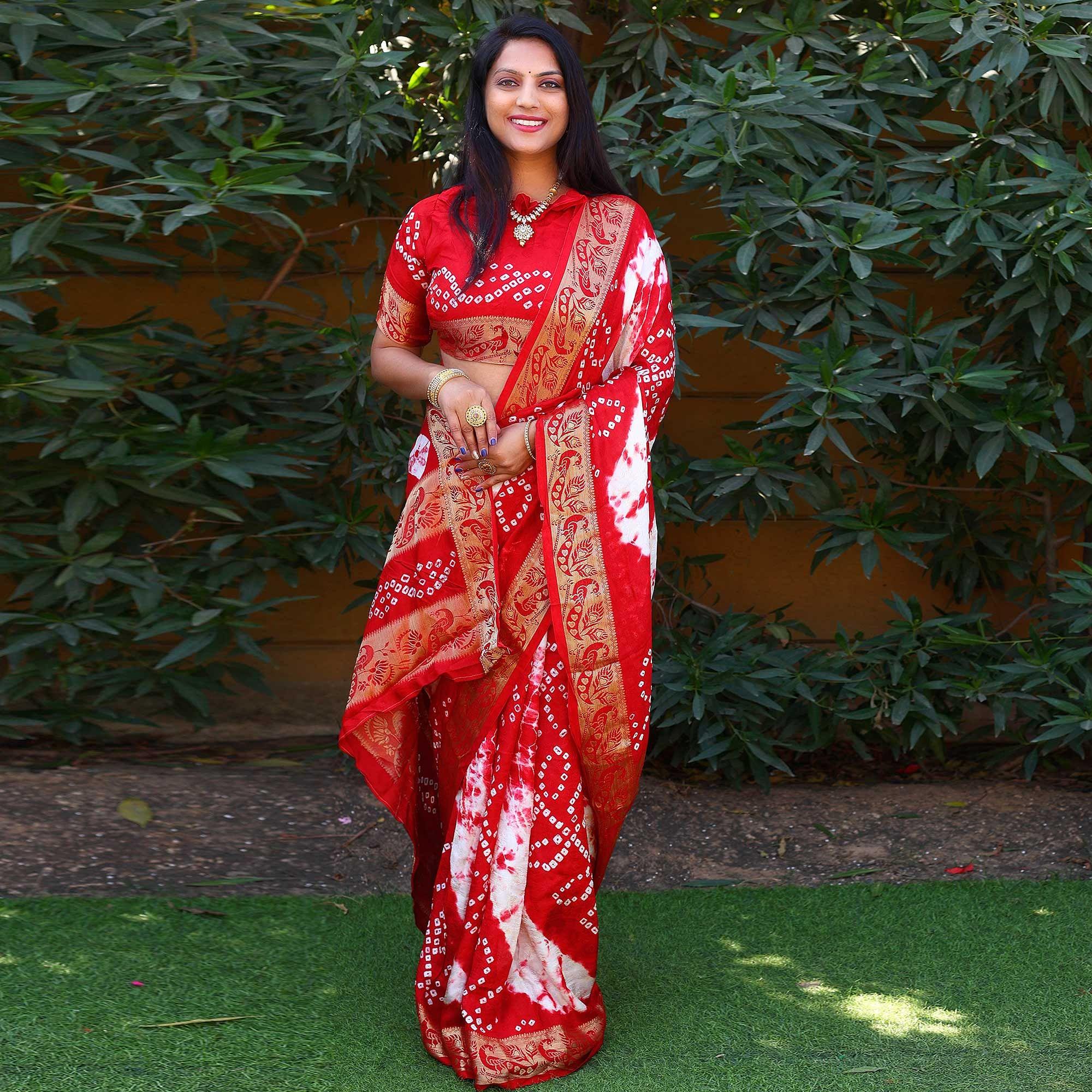 Red Festive Wear Bandhani Printed Art Silk Saree - Peachmode