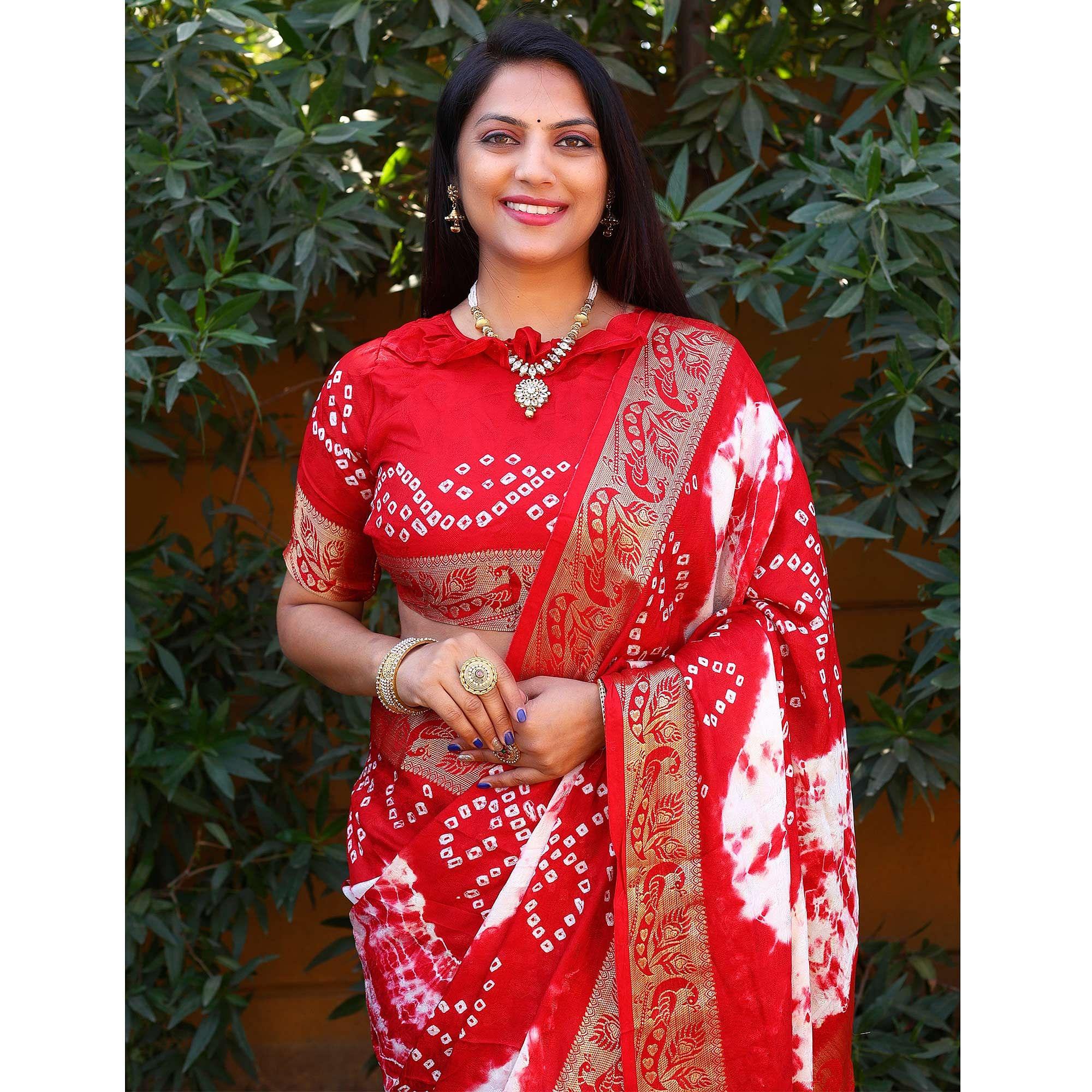 Red Festive Wear Bandhani Printed Art Silk Saree - Peachmode