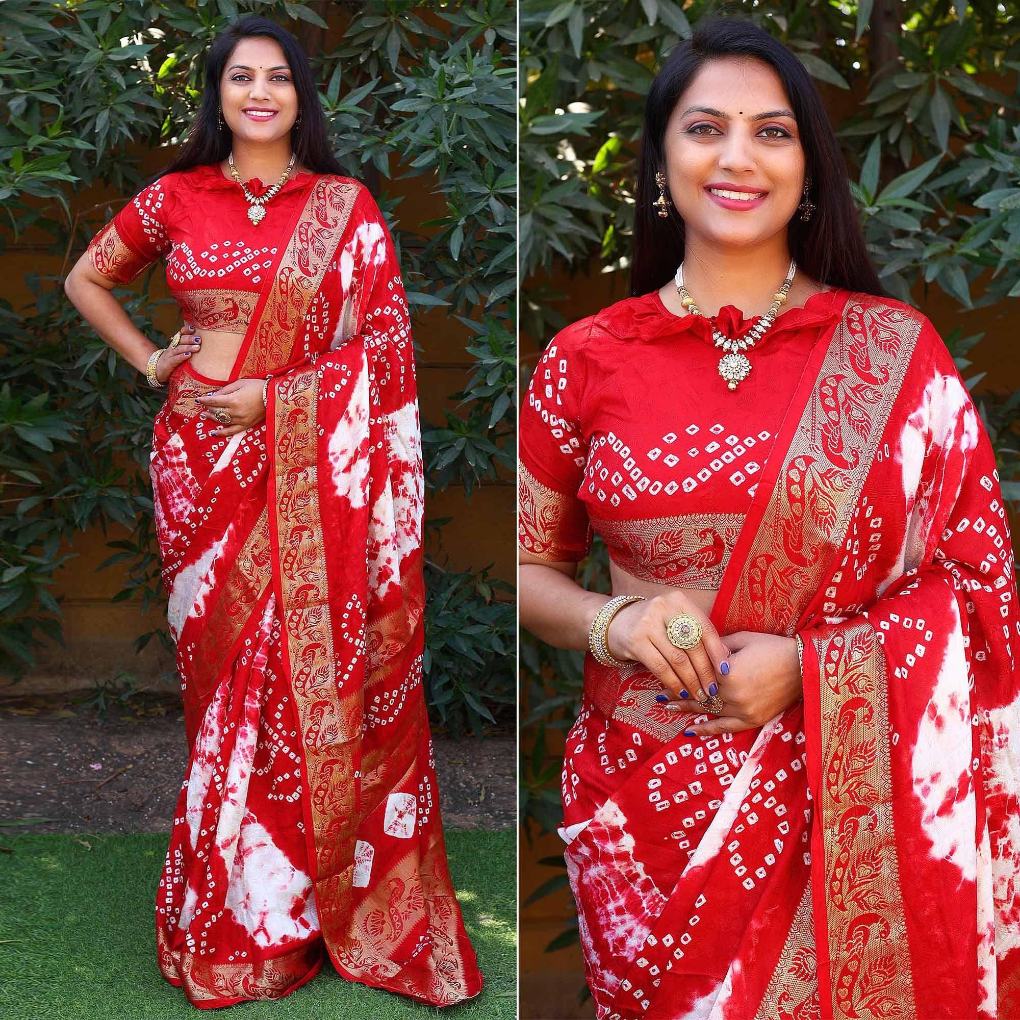 Red Festive Wear Bandhani Printed Art Silk Saree - Peachmode