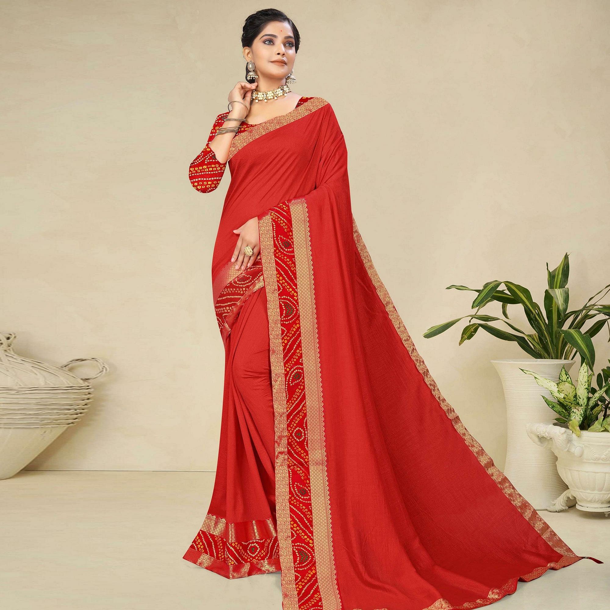 Red Festive Wear Bandhani Printed Border Silk Designer Saree - Peachmode