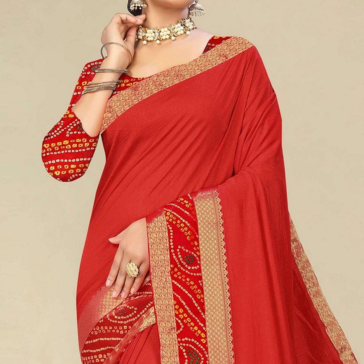 Red Festive Wear Bandhani Printed Border Silk Designer Saree - Peachmode