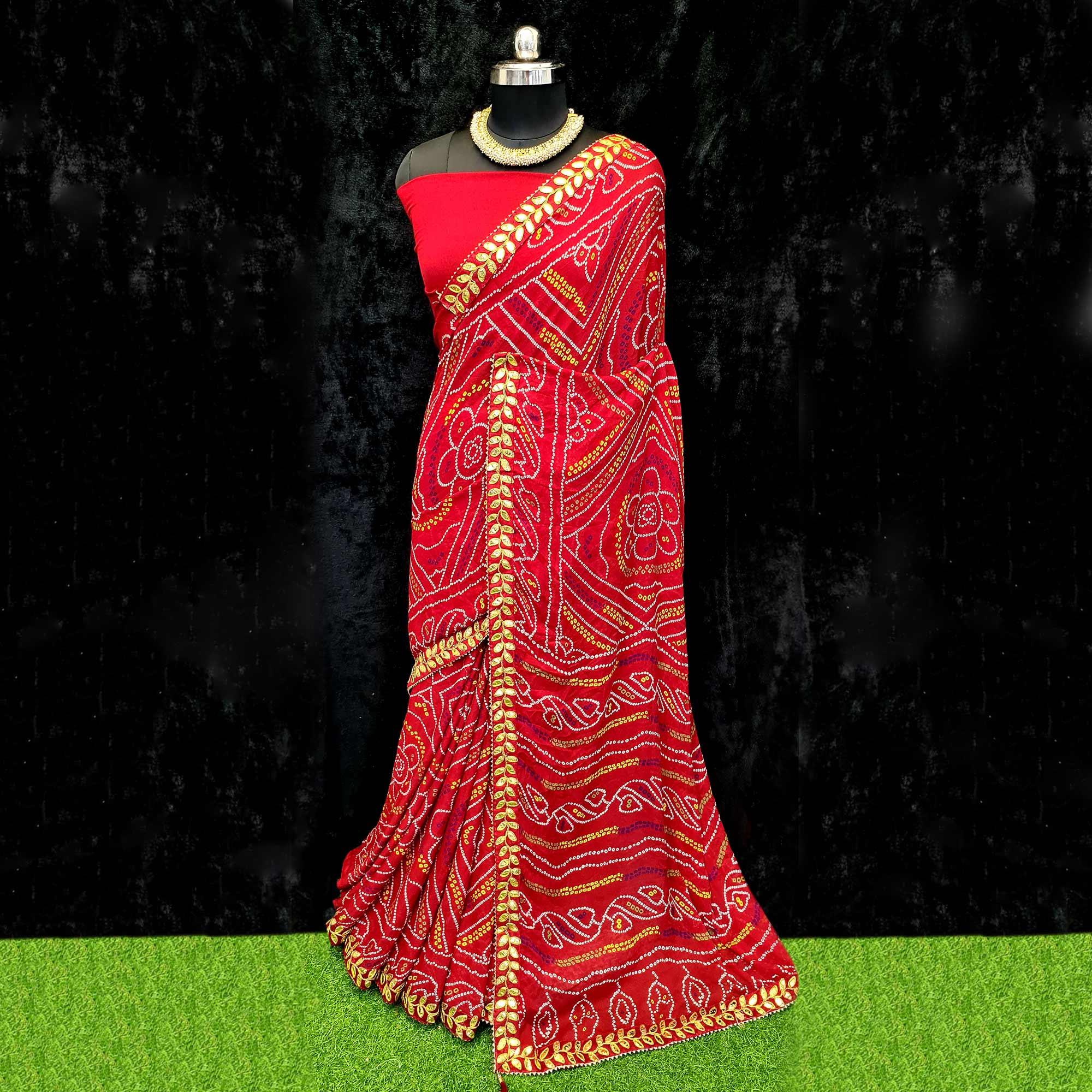 Red Festive Wear Bandhani Printed Georgette Saree - Peachmode