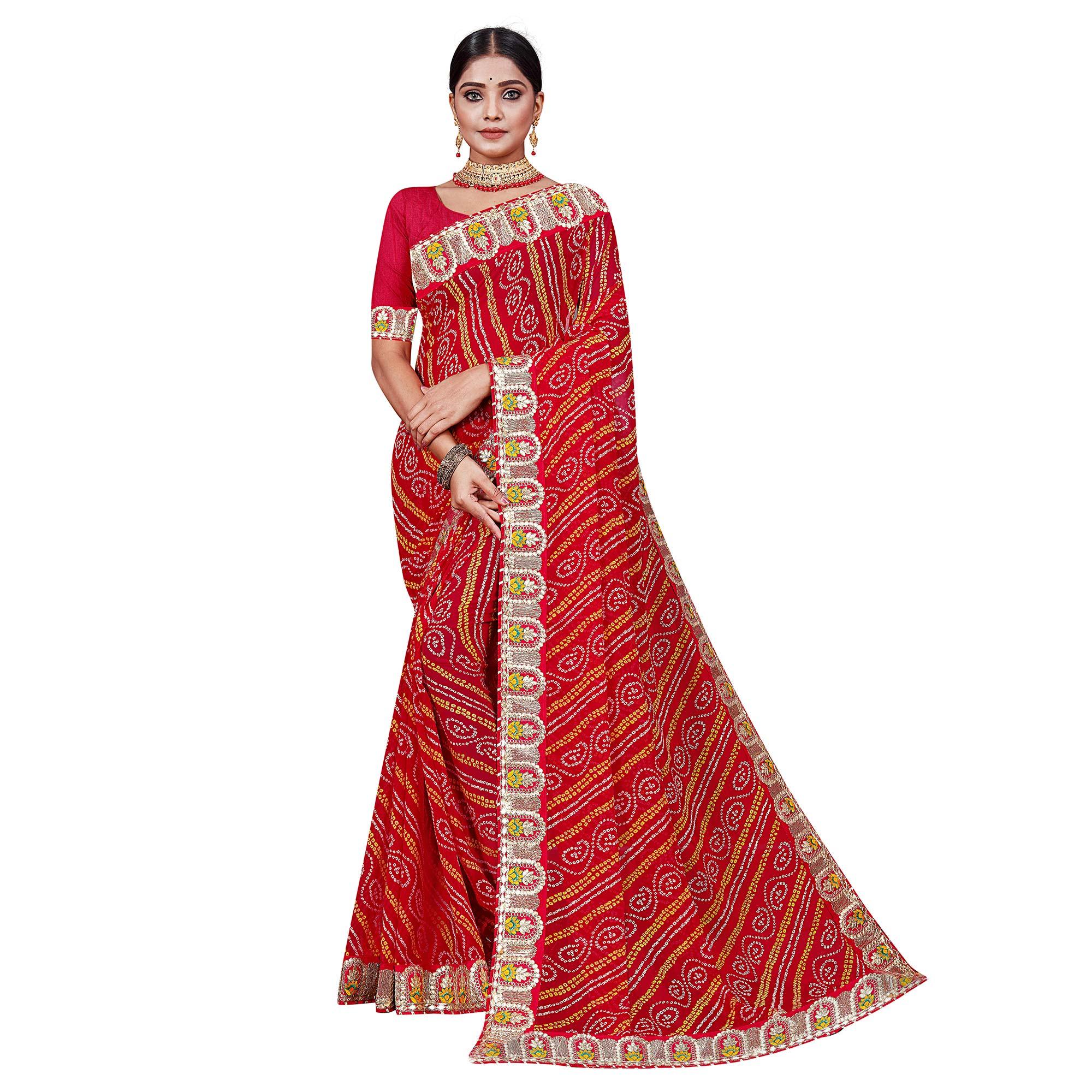 Red Festive Wear Bandhani Printed Georgette Saree With Gotta Patti Lace - Peachmode