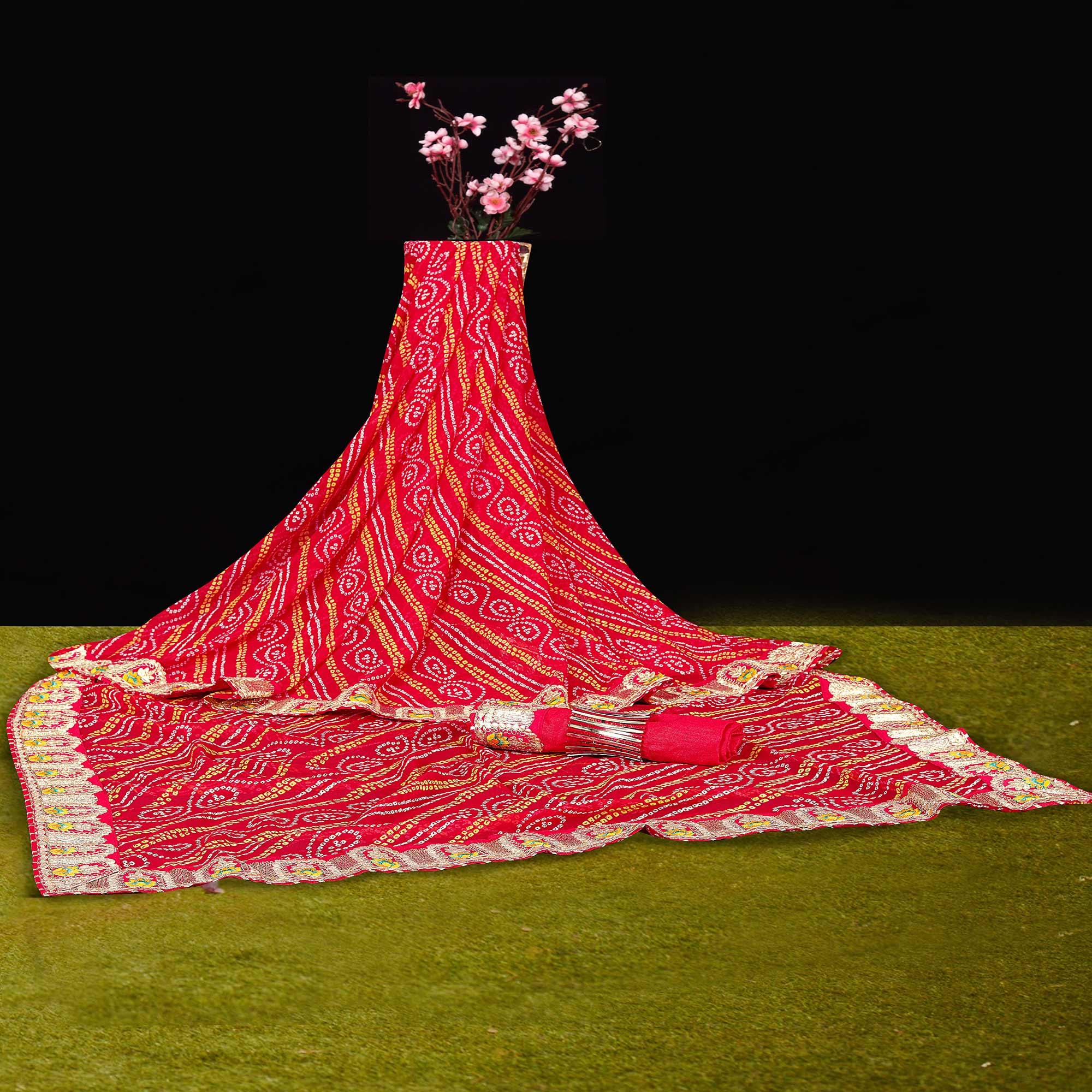 Red Festive Wear Bandhani Printed Georgette Saree With Gotta Patti Lace - Peachmode