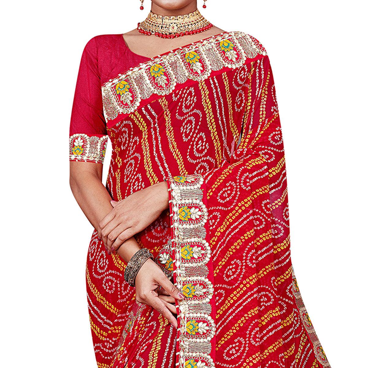 Red Festive Wear Bandhani Printed Georgette Saree With Gotta Patti Lace - Peachmode