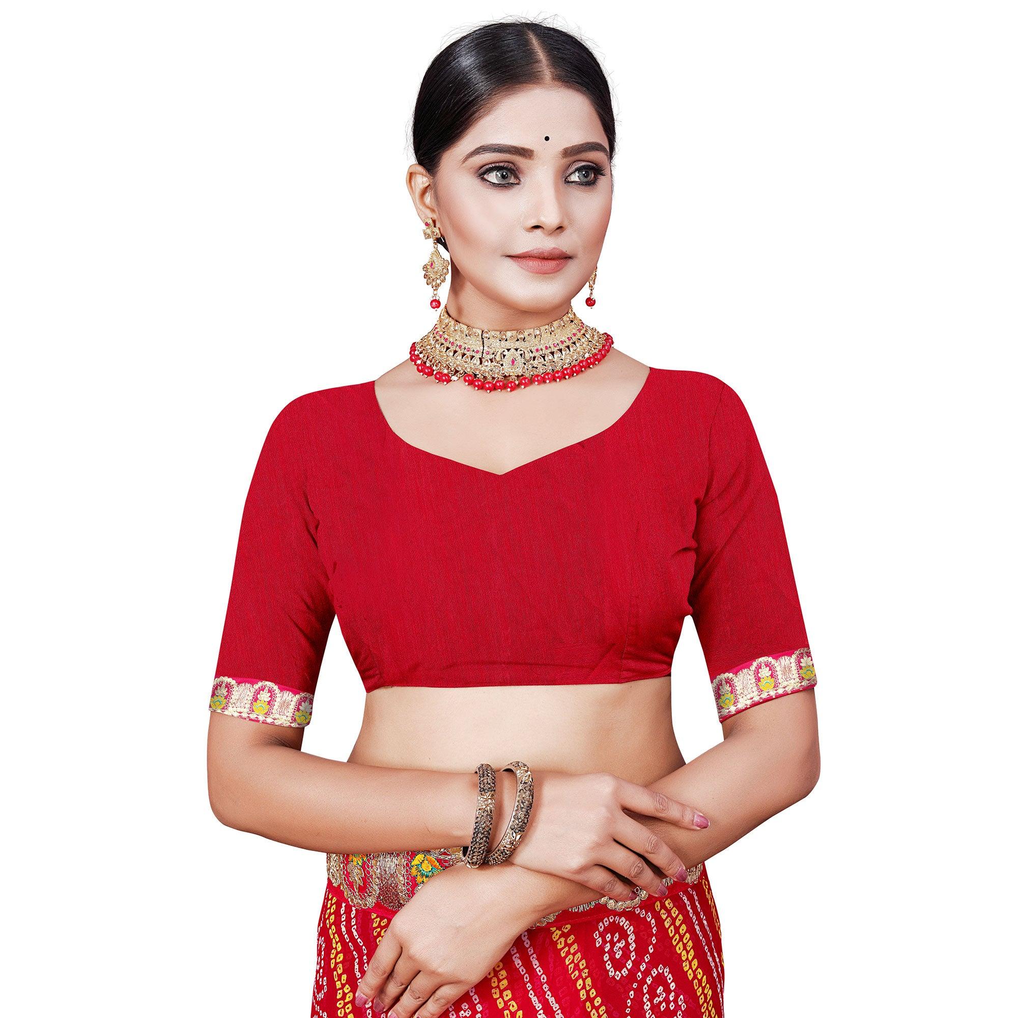 Red Festive Wear Bandhani Printed Georgette Saree With Gotta Patti Lace - Peachmode
