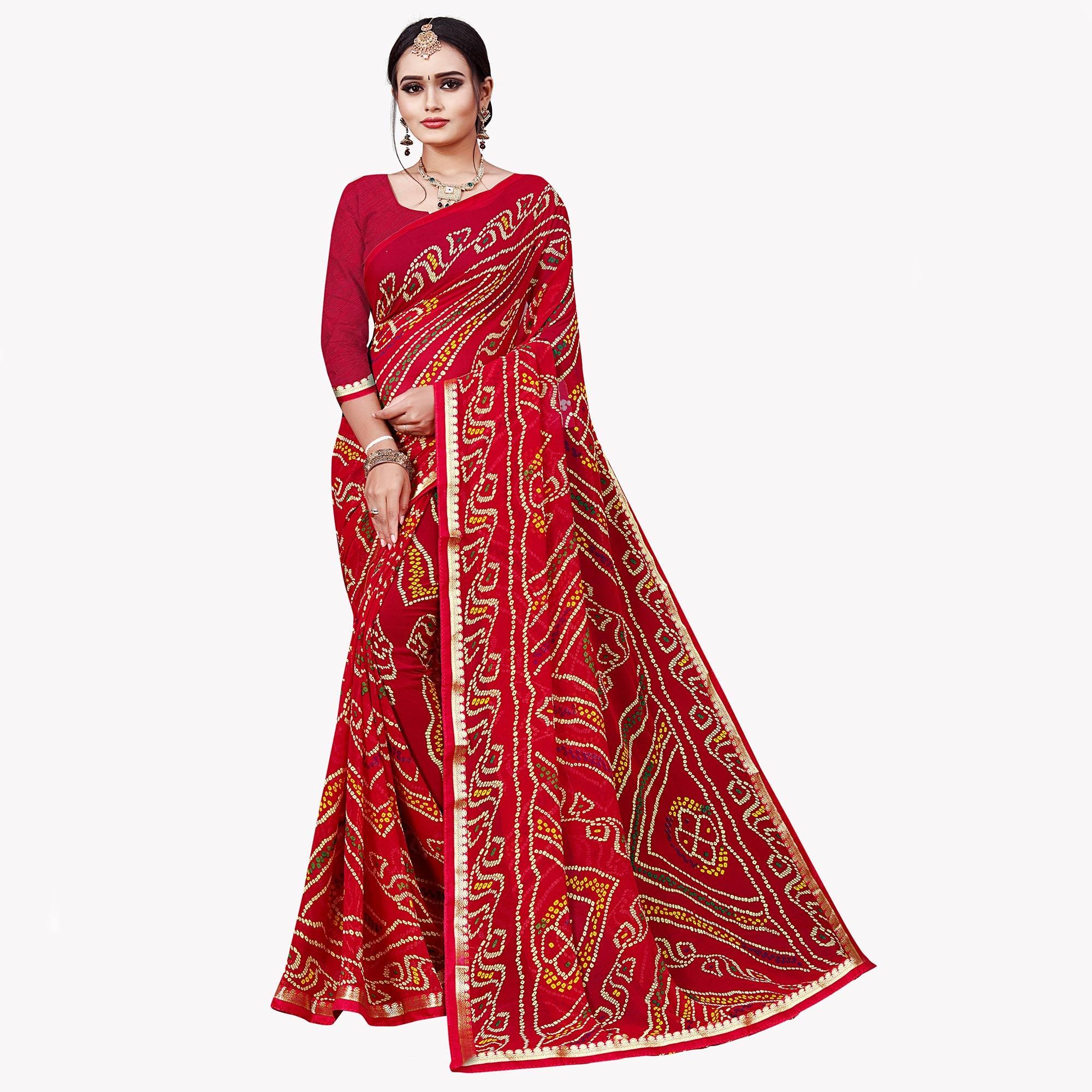 Red Festive  Wear Bandhani Printed Georgette Saree With Lace Border - Peachmode