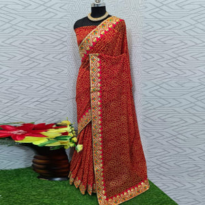Red Festive Wear Bandhani Printed Georgette Saree With Lace Border - Peachmode