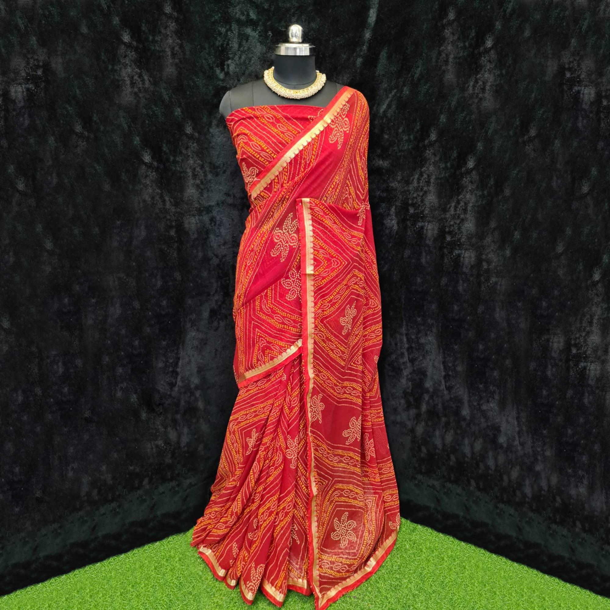 Red Festive Wear Bandhani Printed Georgette Saree With Lace Border - Peachmode