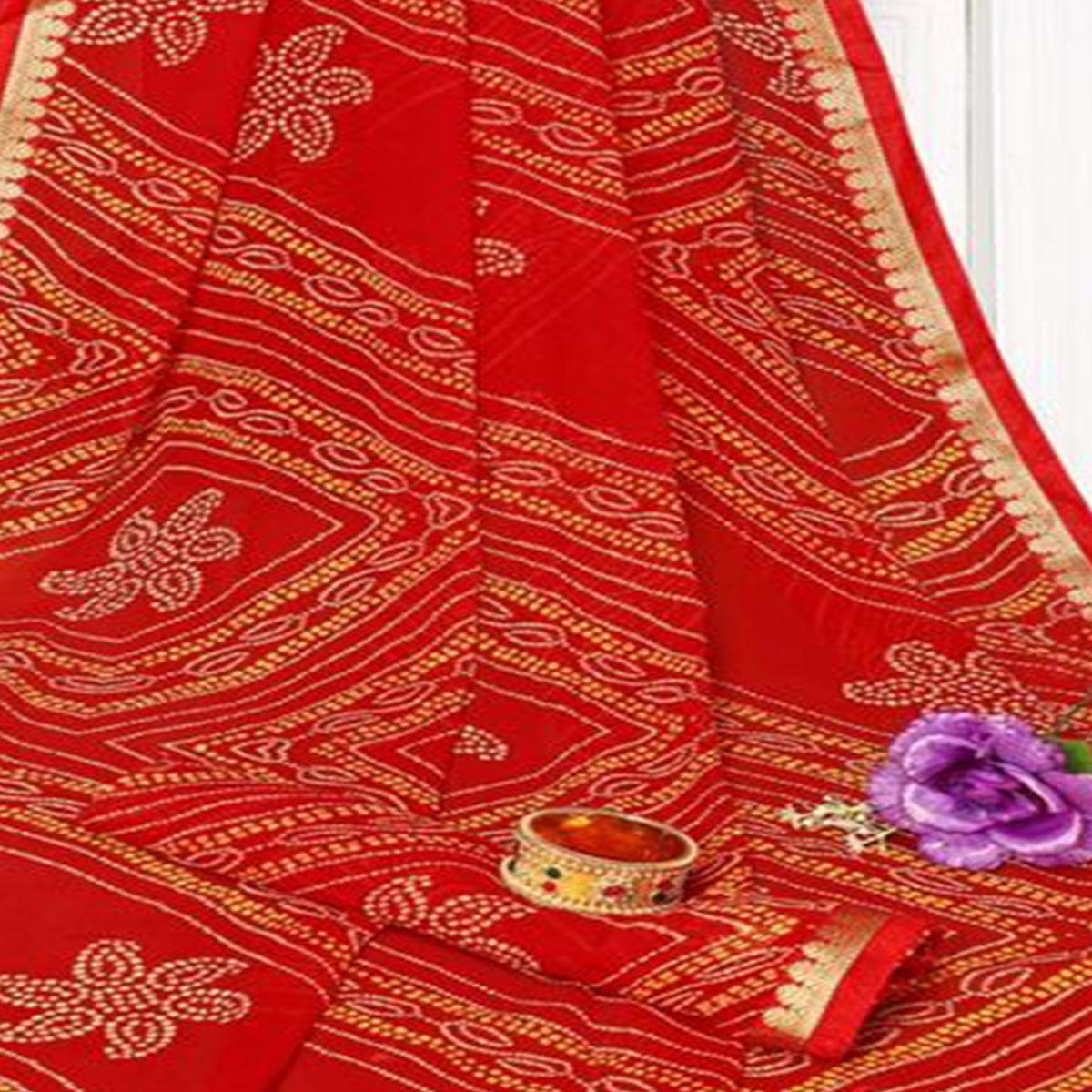 Red Festive Wear Bandhani Printed Georgette Saree With Lace Border - Peachmode