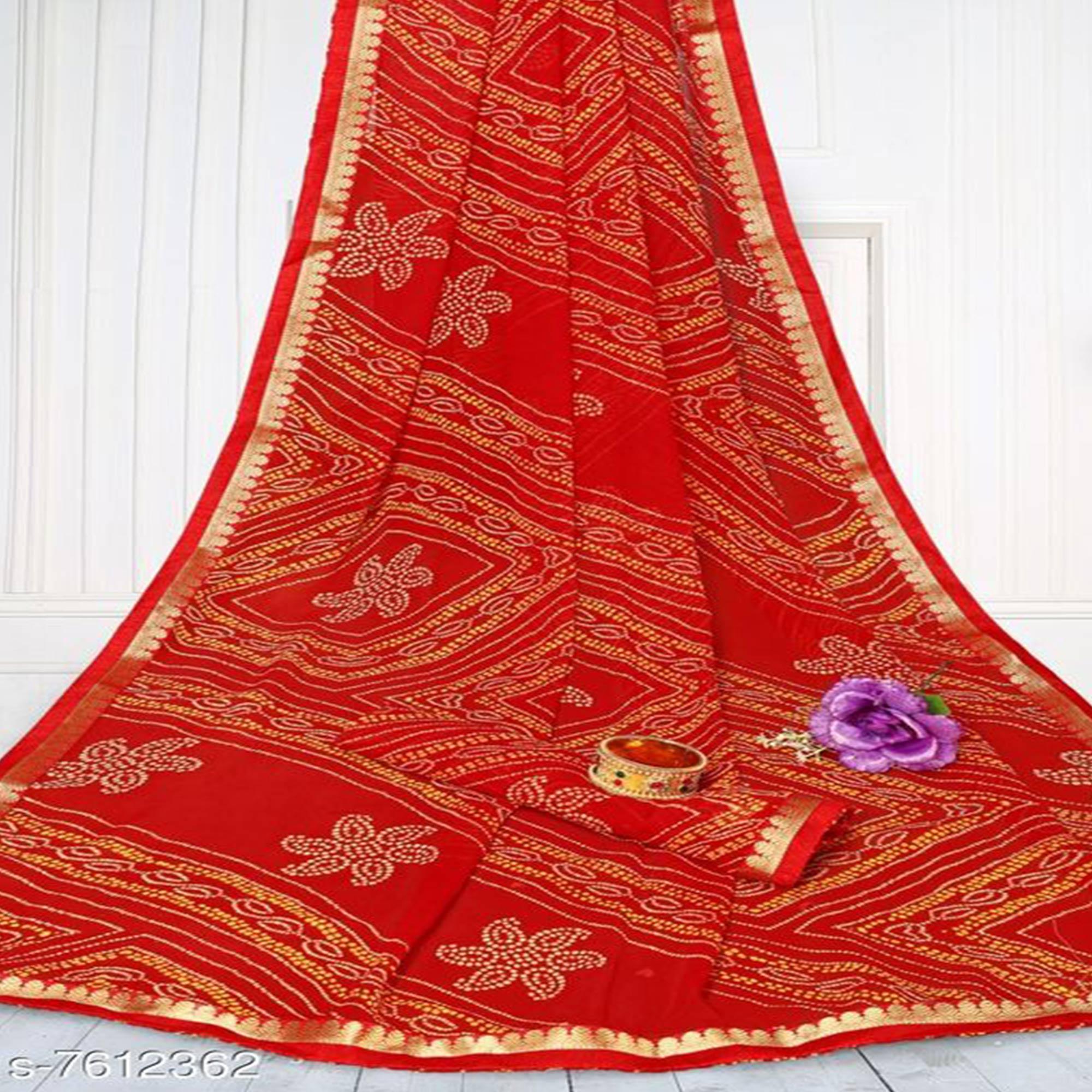 Red Festive Wear Bandhani Printed Georgette Saree With Lace Border - Peachmode