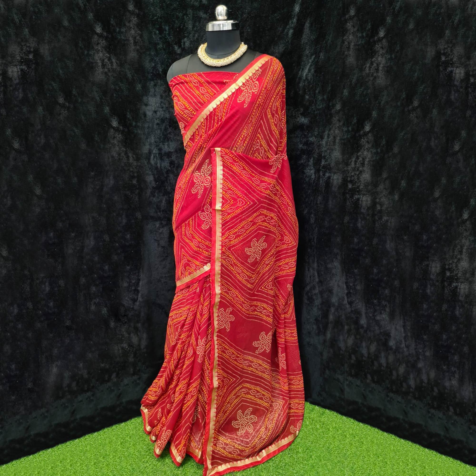Red Festive Wear Bandhani Printed Georgette Saree With Lace Border - Peachmode