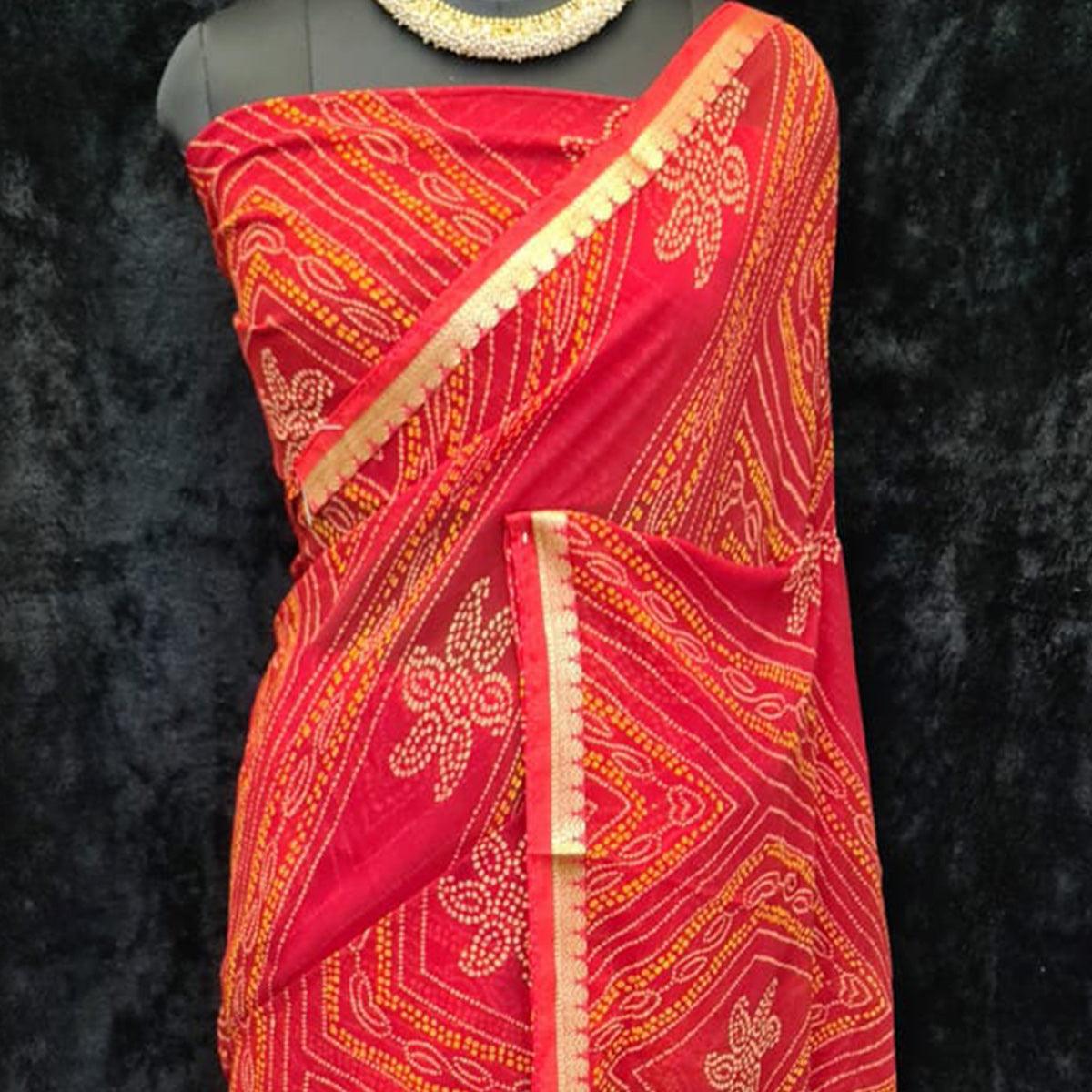 Red Festive Wear Bandhani Printed Georgette Saree With Lace Border - Peachmode