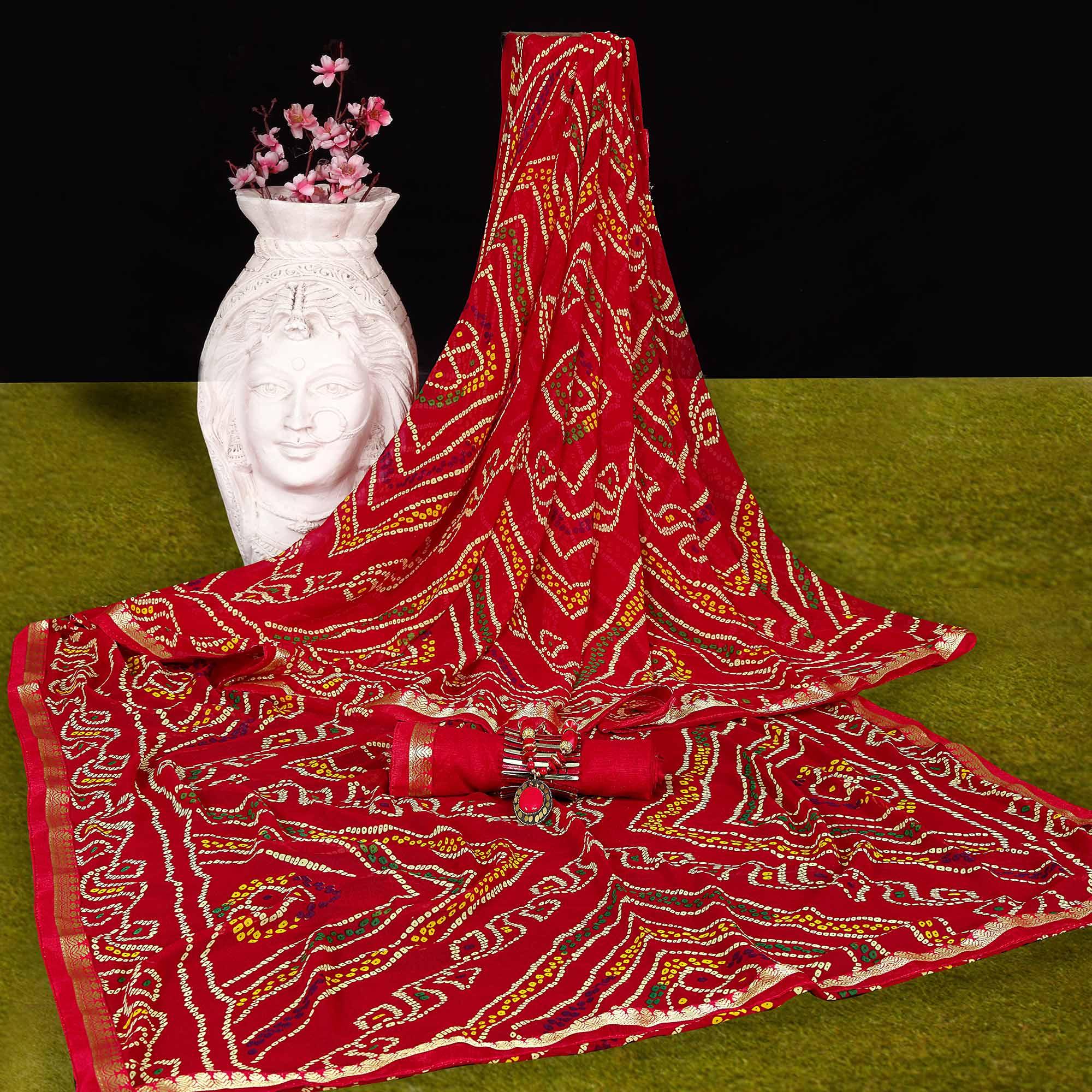 Red Festive  Wear Bandhani Printed Georgette Saree With Lace Border - Peachmode