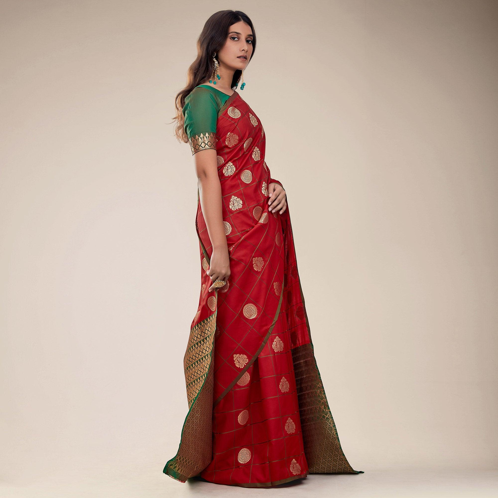 Red Festive Wear Checks Designer Weaving Butta Silk Saree With Heavy Pallu - Peachmode