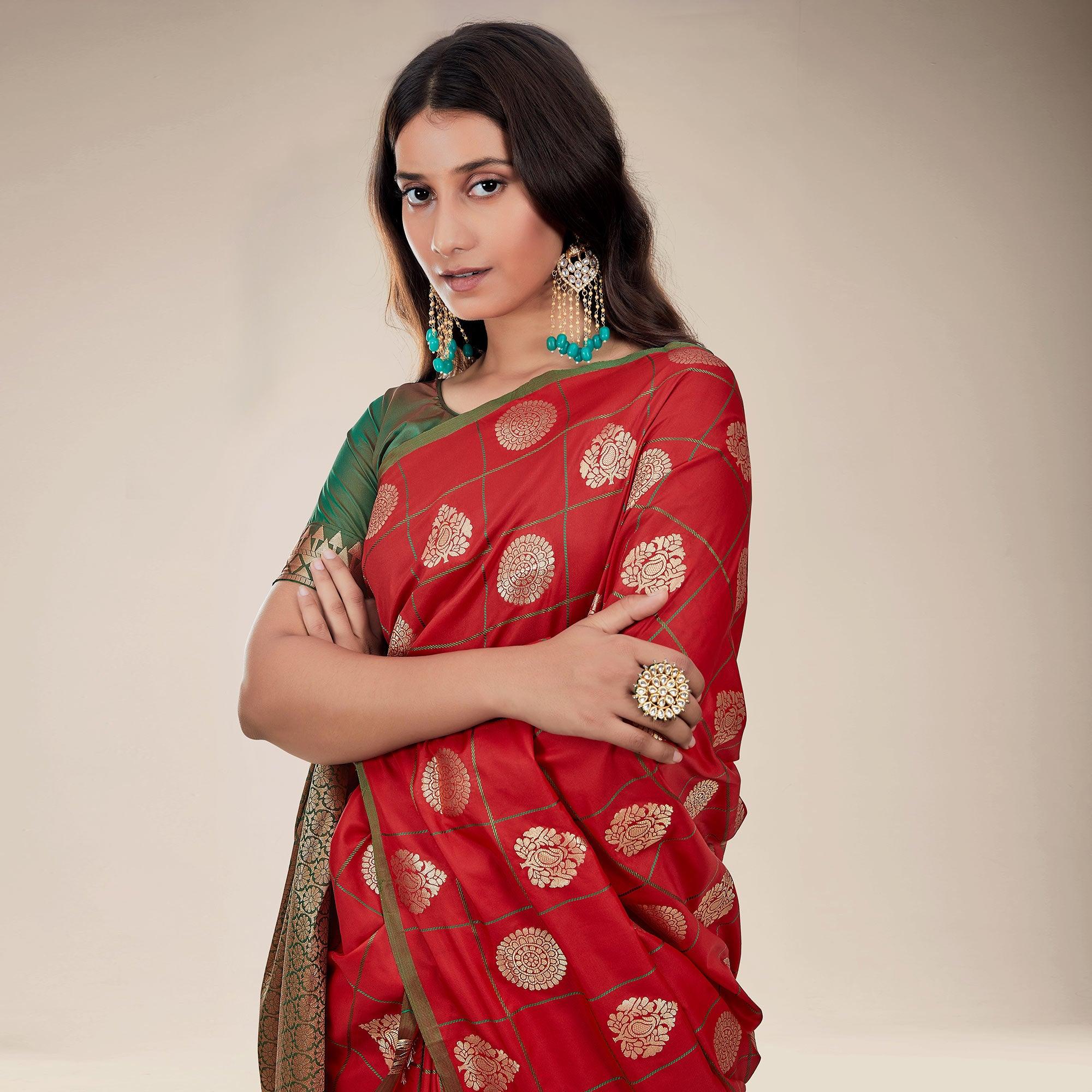 Red Festive Wear Checks Designer Weaving Butta Silk Saree With Heavy Pallu - Peachmode