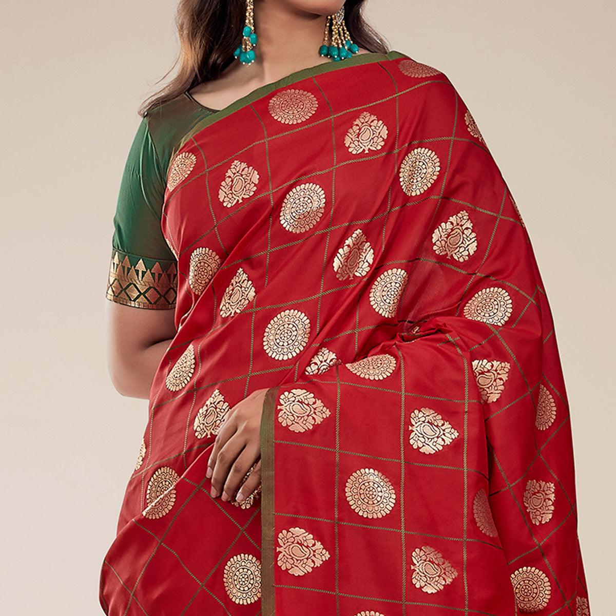 Red Festive Wear Checks Designer Weaving Butta Silk Saree With Heavy Pallu - Peachmode