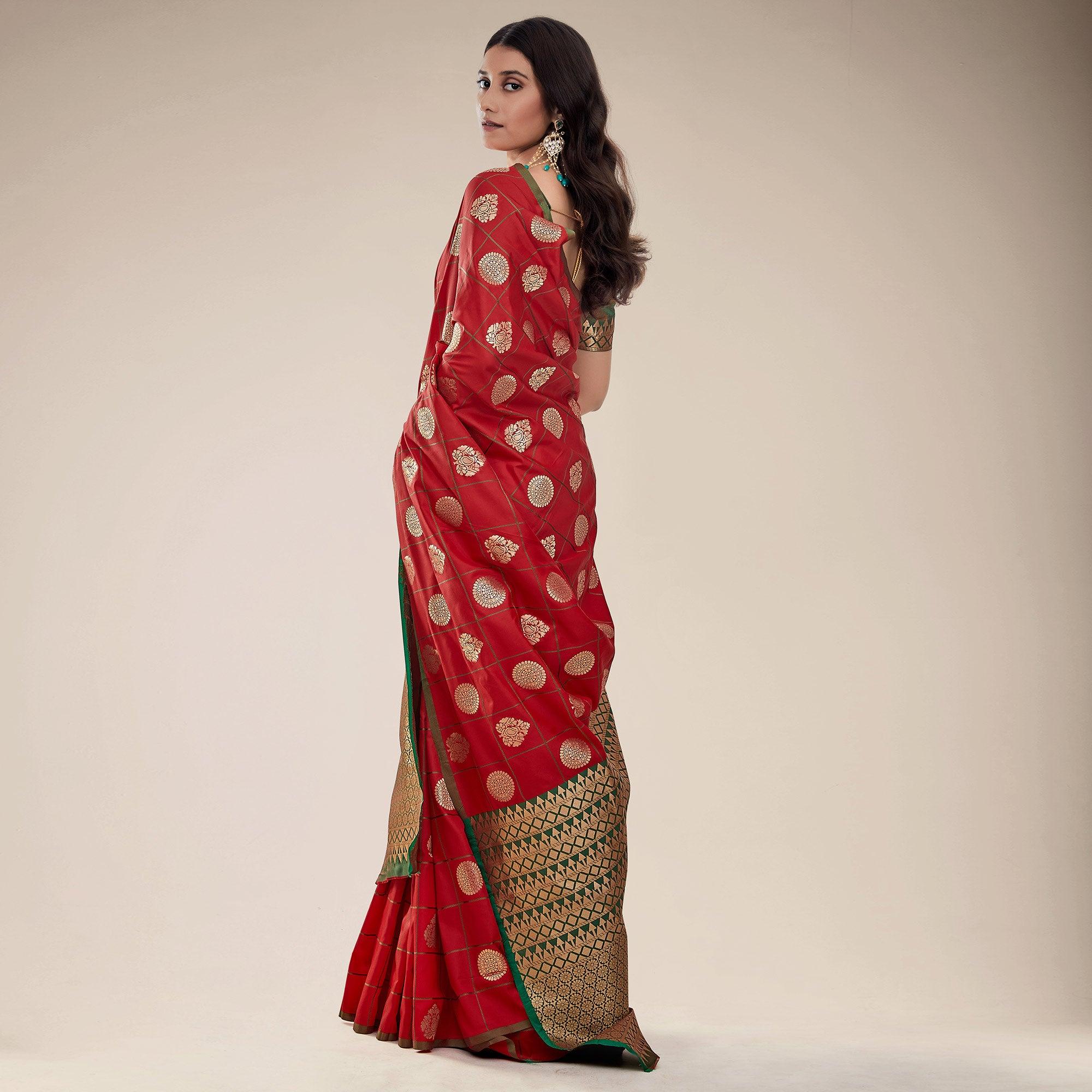 Red Festive Wear Checks Designer Weaving Butta Silk Saree With Heavy Pallu - Peachmode