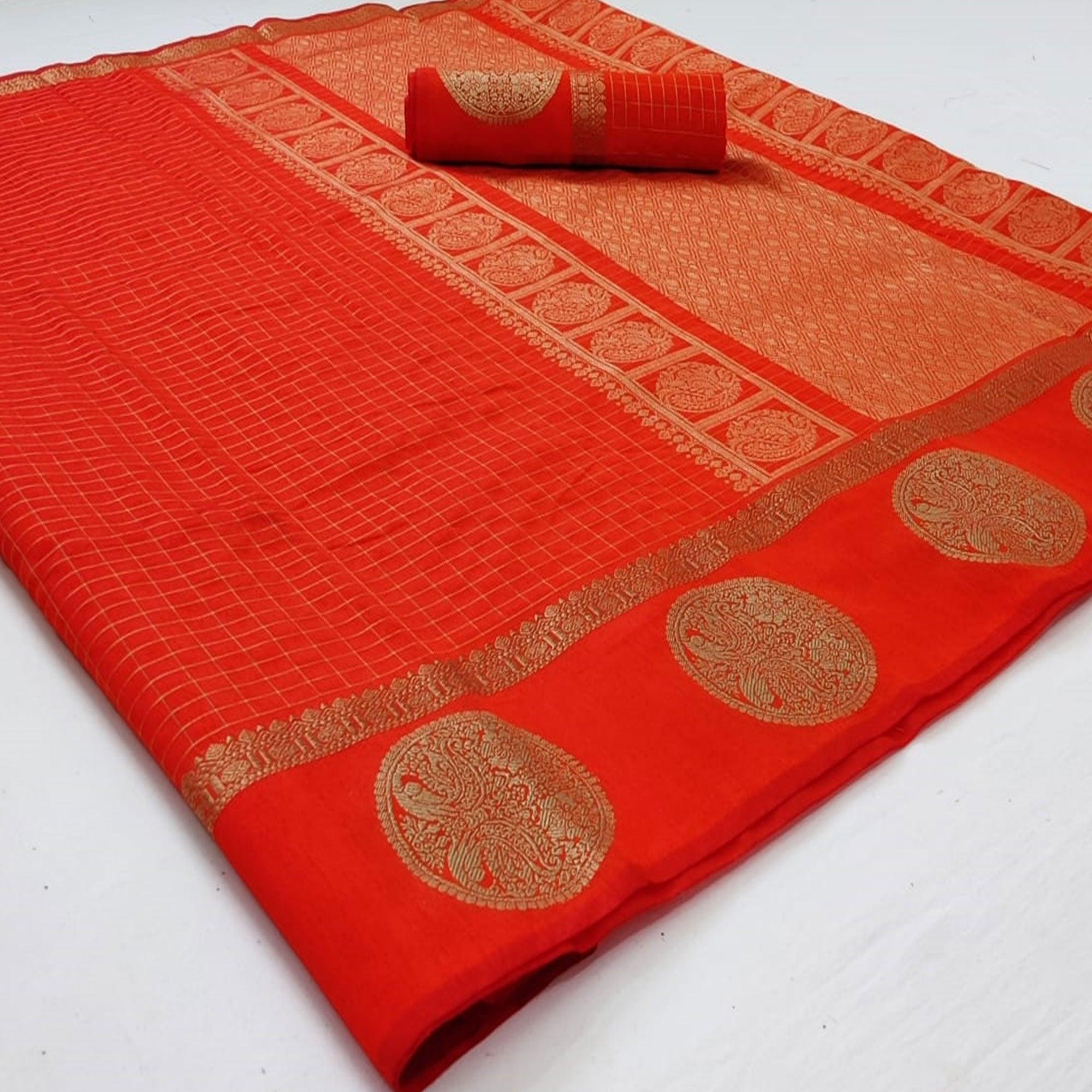 Red Festive Wear Checks Pattern Woven Silk Saree - Peachmode